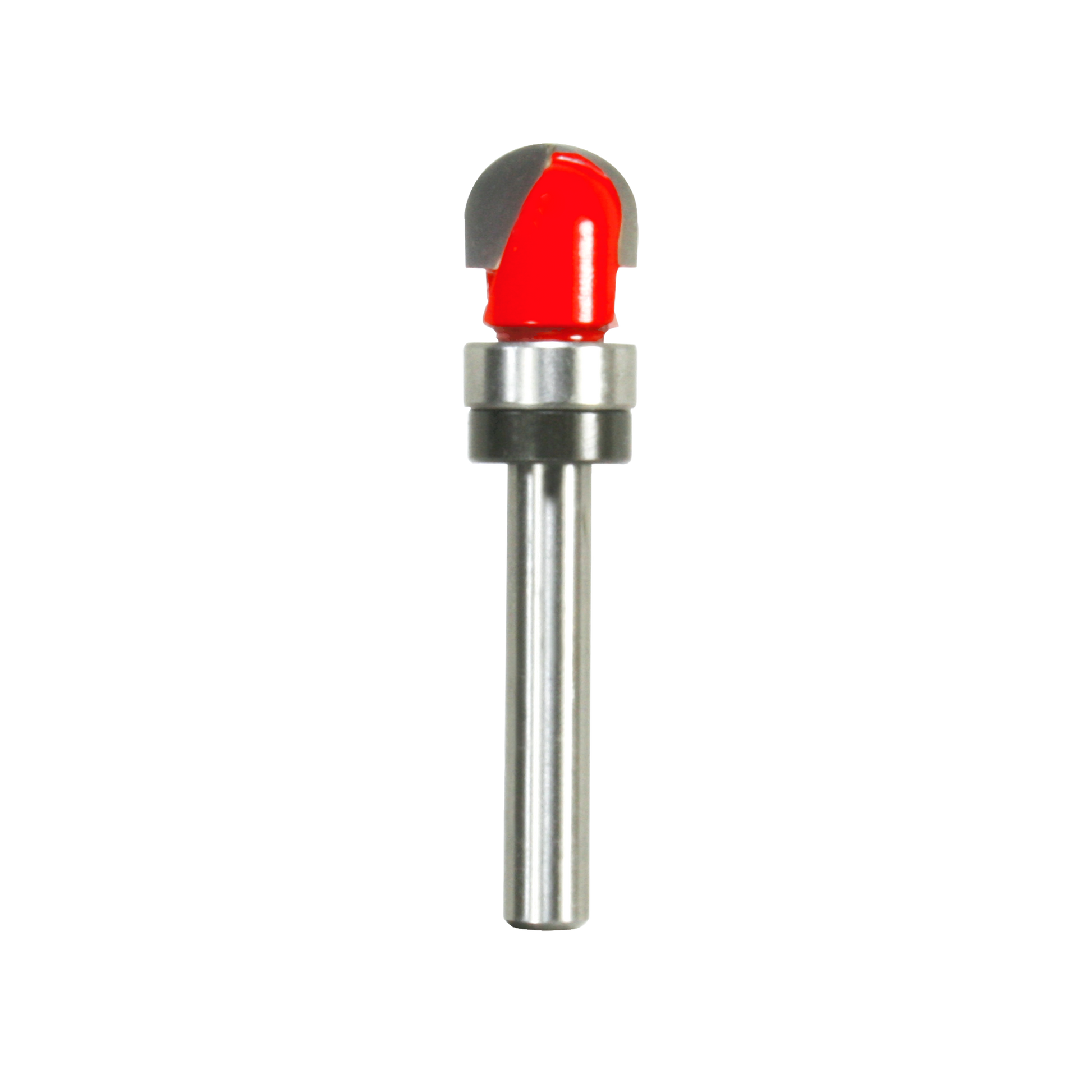 Carbide round nose router bit with red cutting head and silver metal shank on white background.