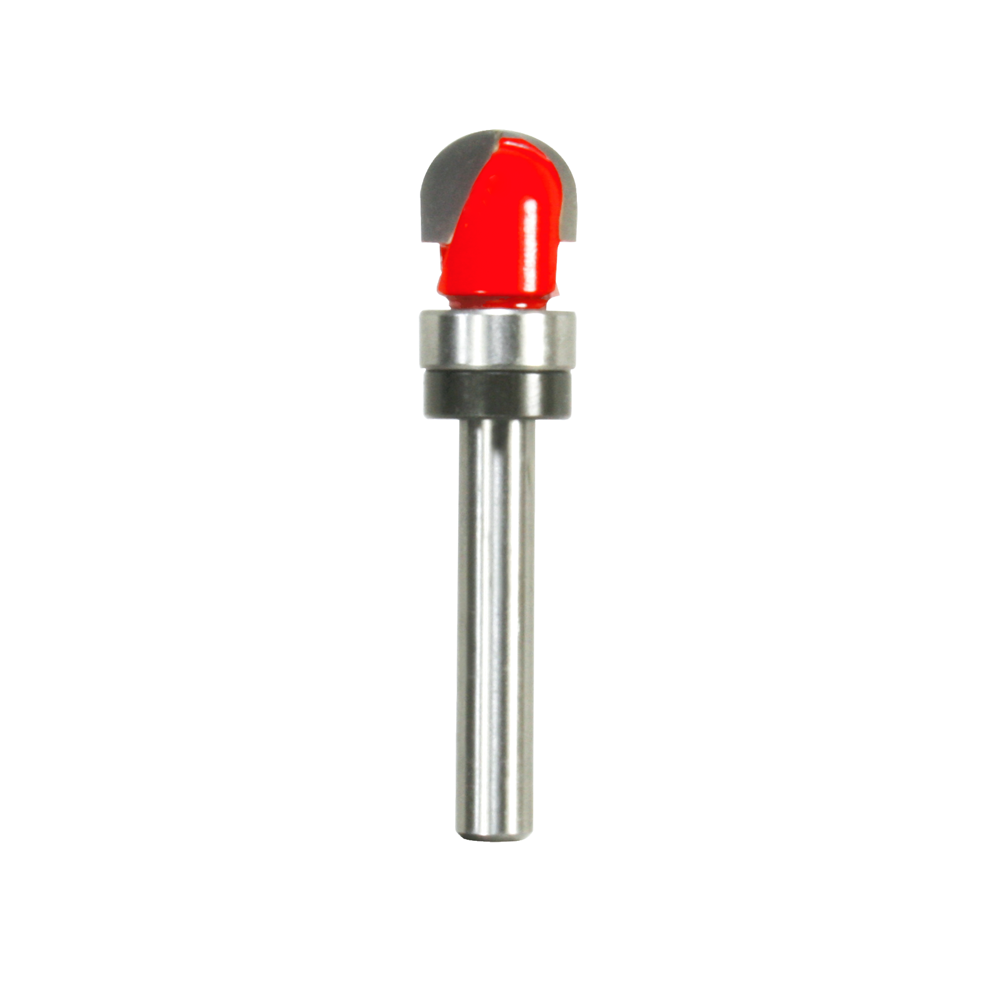 Carbide round nose router bit with red cutting head and silver metal shank on white background.