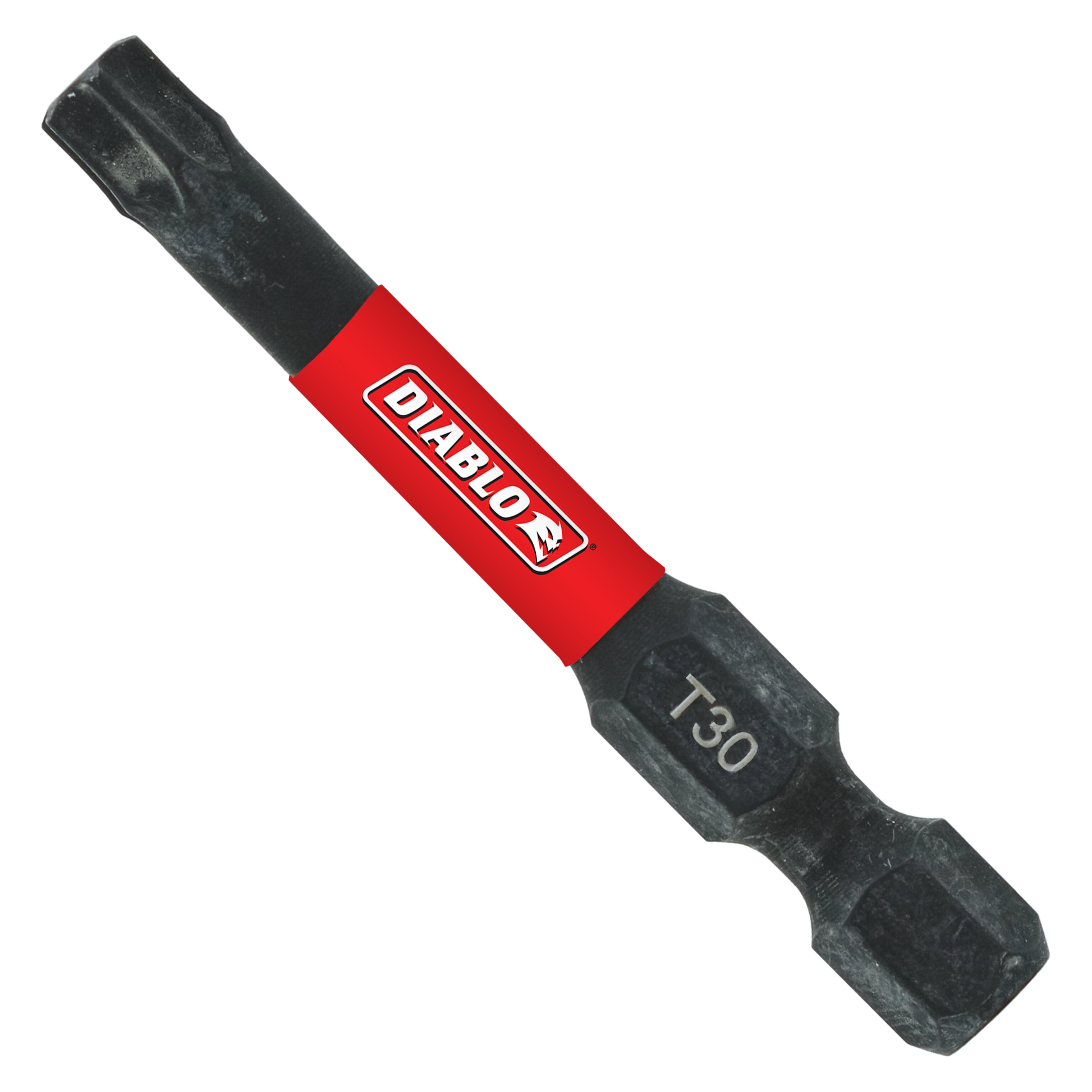 Black Diablo T30 Torx drive bit with red band and Diablo branding, 2 inches long.