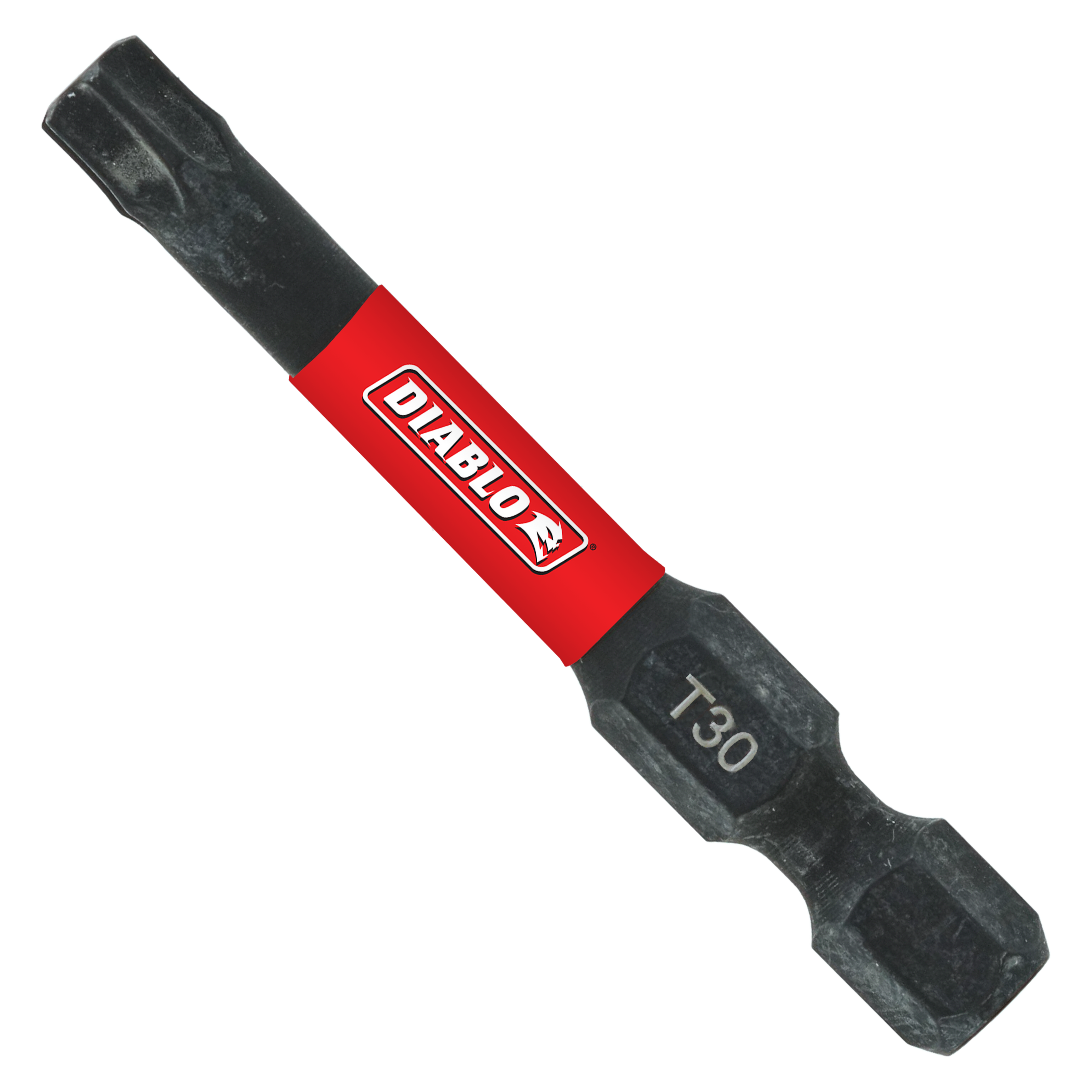 Black and gray Diablo T30 Torx drive bit with red band and Diablo logo, double-ended design.