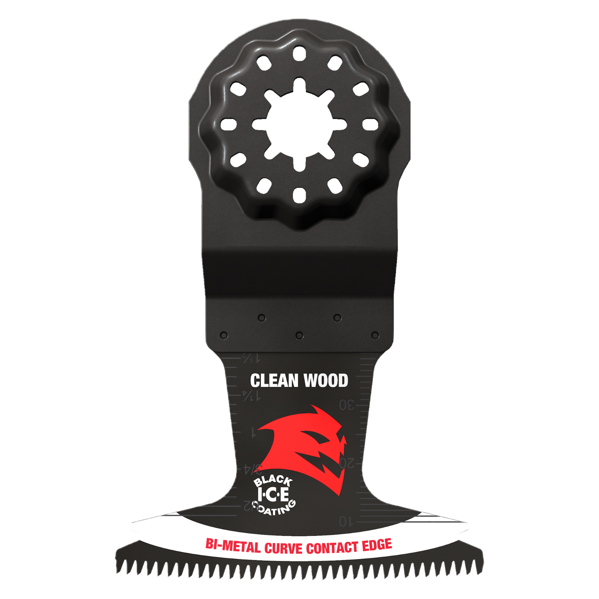 Black bi-metal oscillating blade with round attachment head, serrated bottom edge, and "Clean Wood" label.