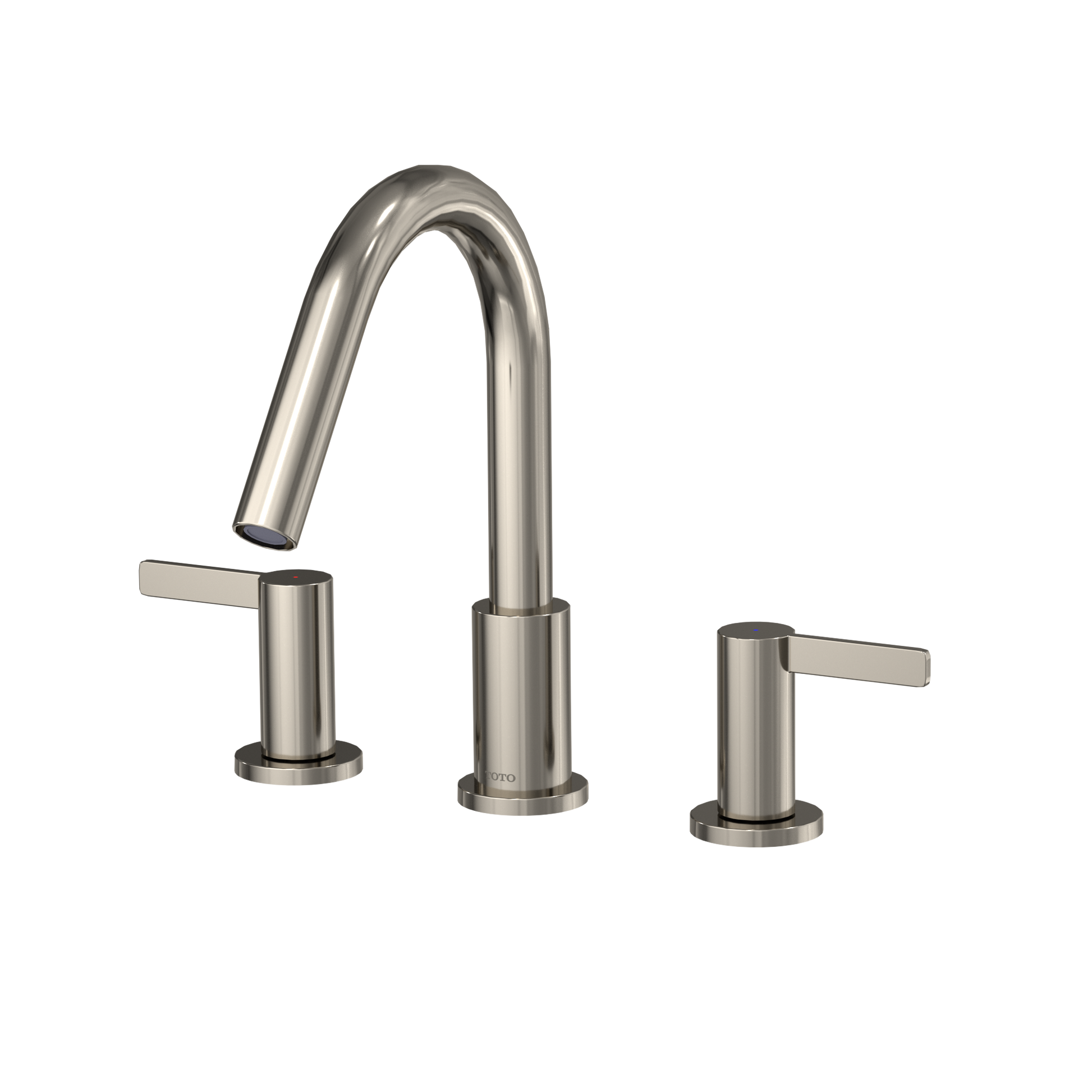 Polished nickel three-piece roman tub filler with curved spout and two lever handles on either side.