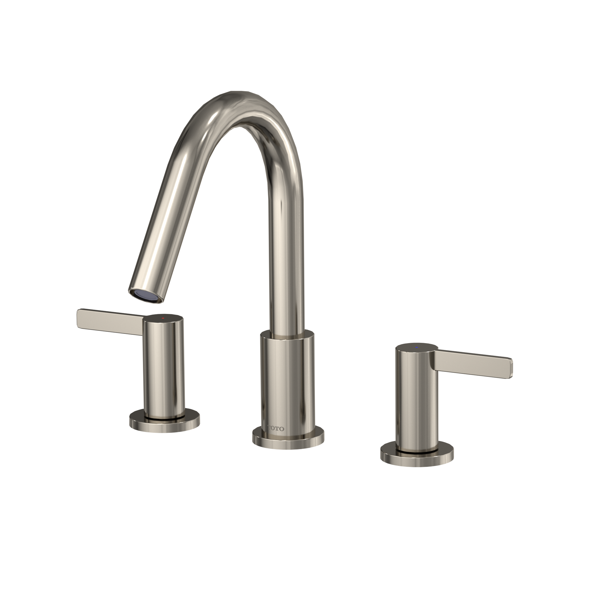 Polished nickel three-piece roman tub filler with curved spout and two lever handles on either side.