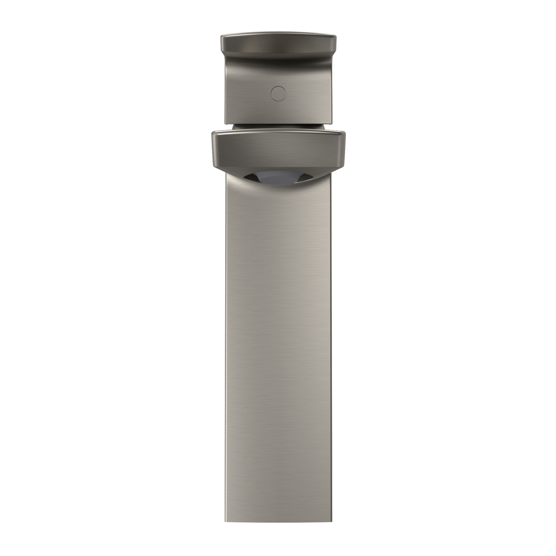 Brushed nickel single-handle bathroom sink faucet with tall cylindrical body and curved spout opening.