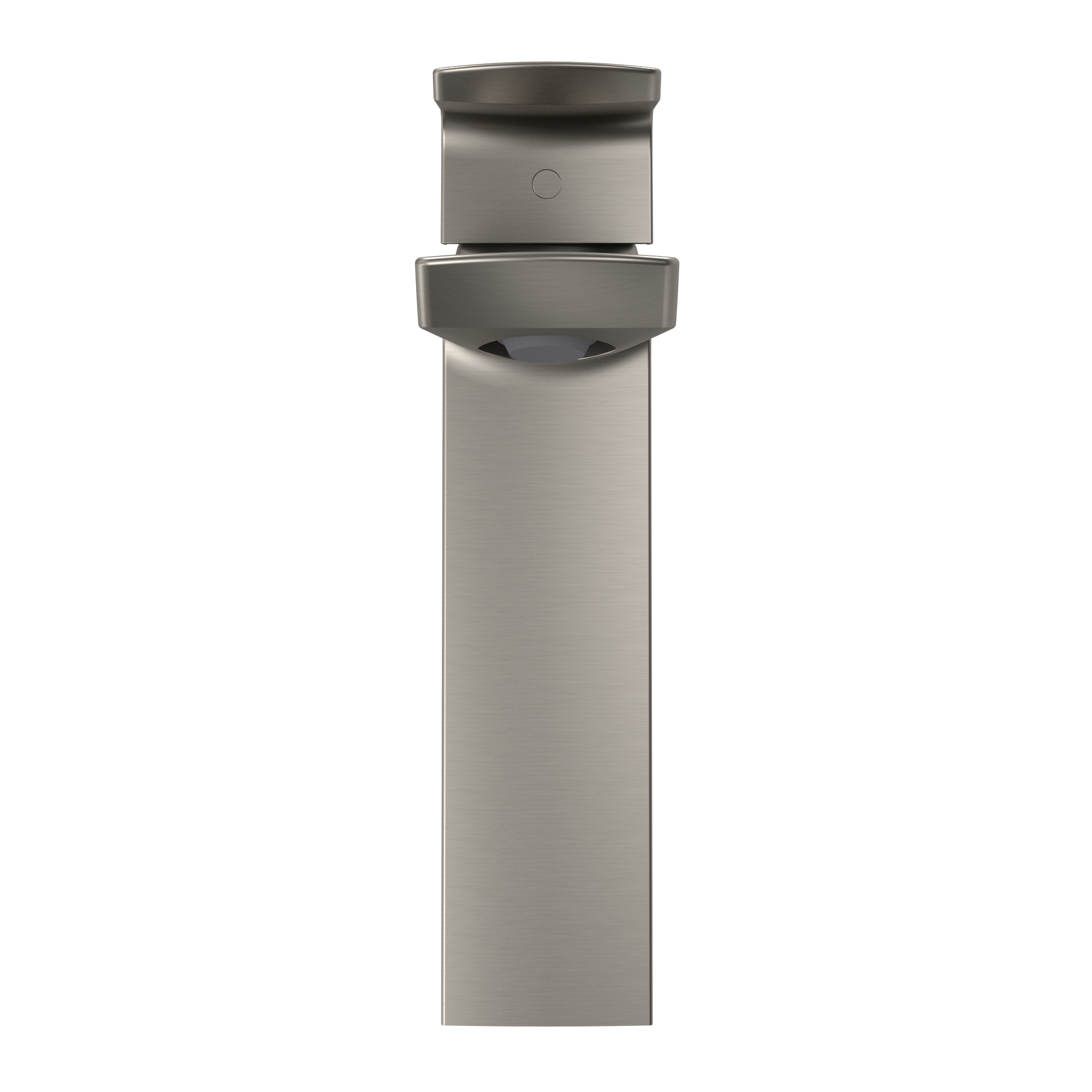 Brushed nickel single-handle bathroom sink faucet with tall cylindrical body and curved spout opening.