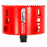Red cylindrical hole saw with carbide teeth rim and black shank, labeled Diablo for wood and metal.