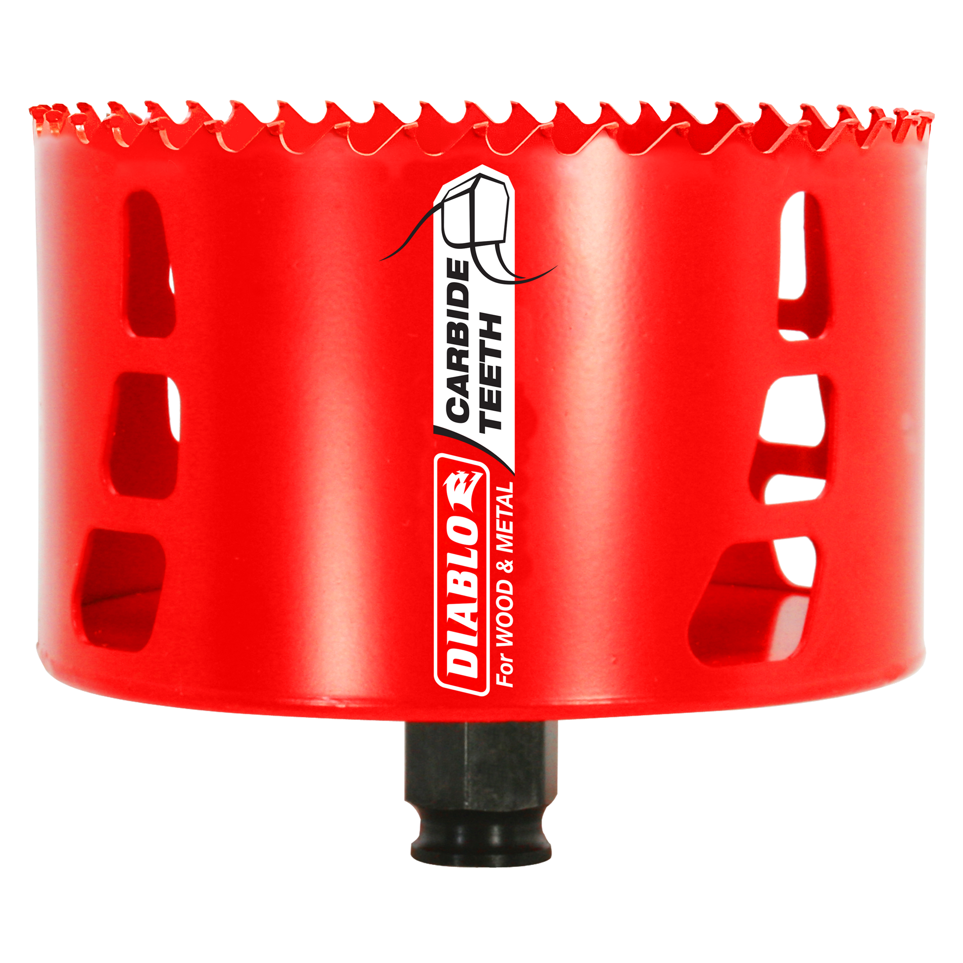 Red cylindrical hole saw with carbide teeth rim, black shank, and Diablo branding on body.