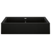 Coal black double bowl farmhouse sink with equal-sized compartments and apron front.