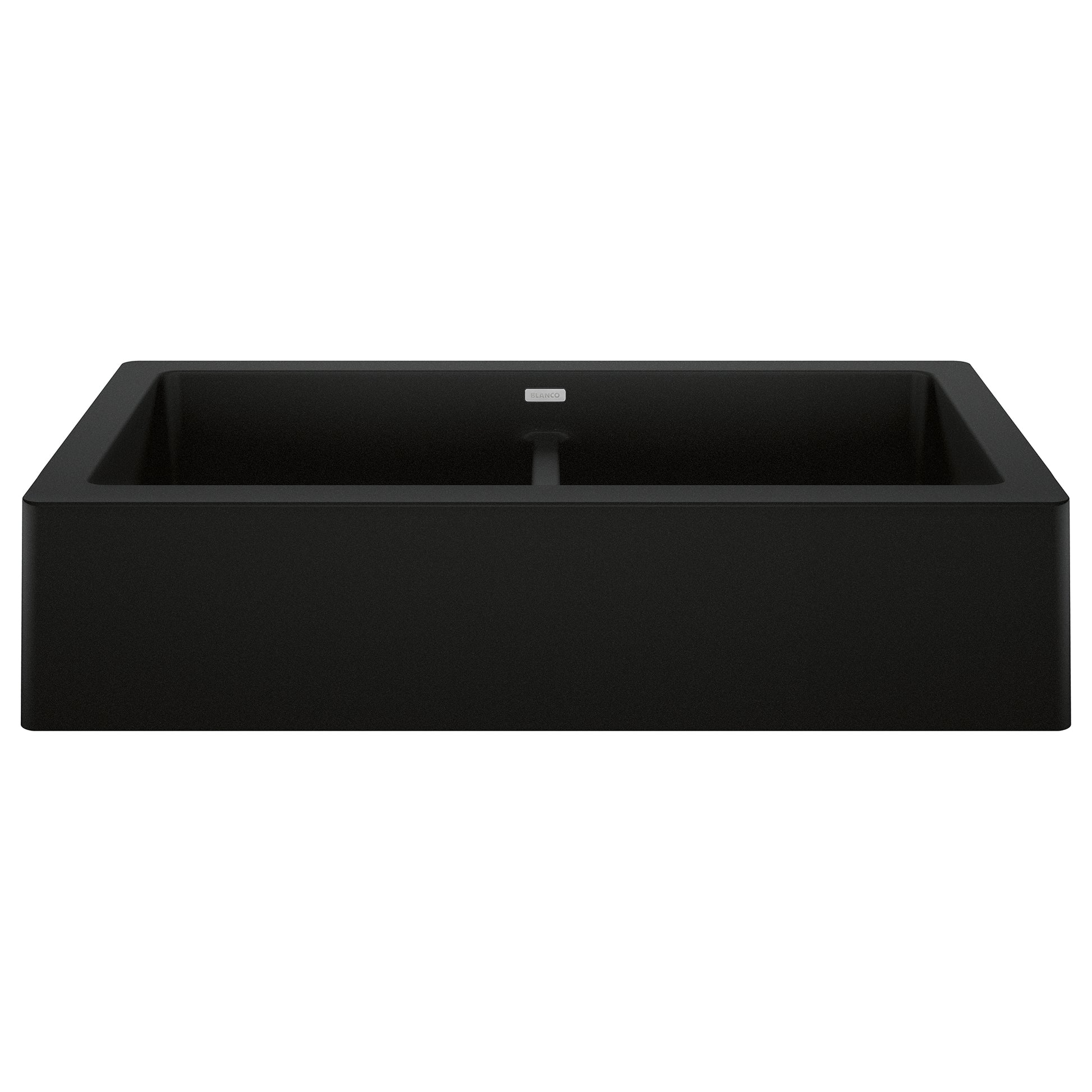 Coal black double bowl farmhouse sink with equal-sized compartments and apron front.