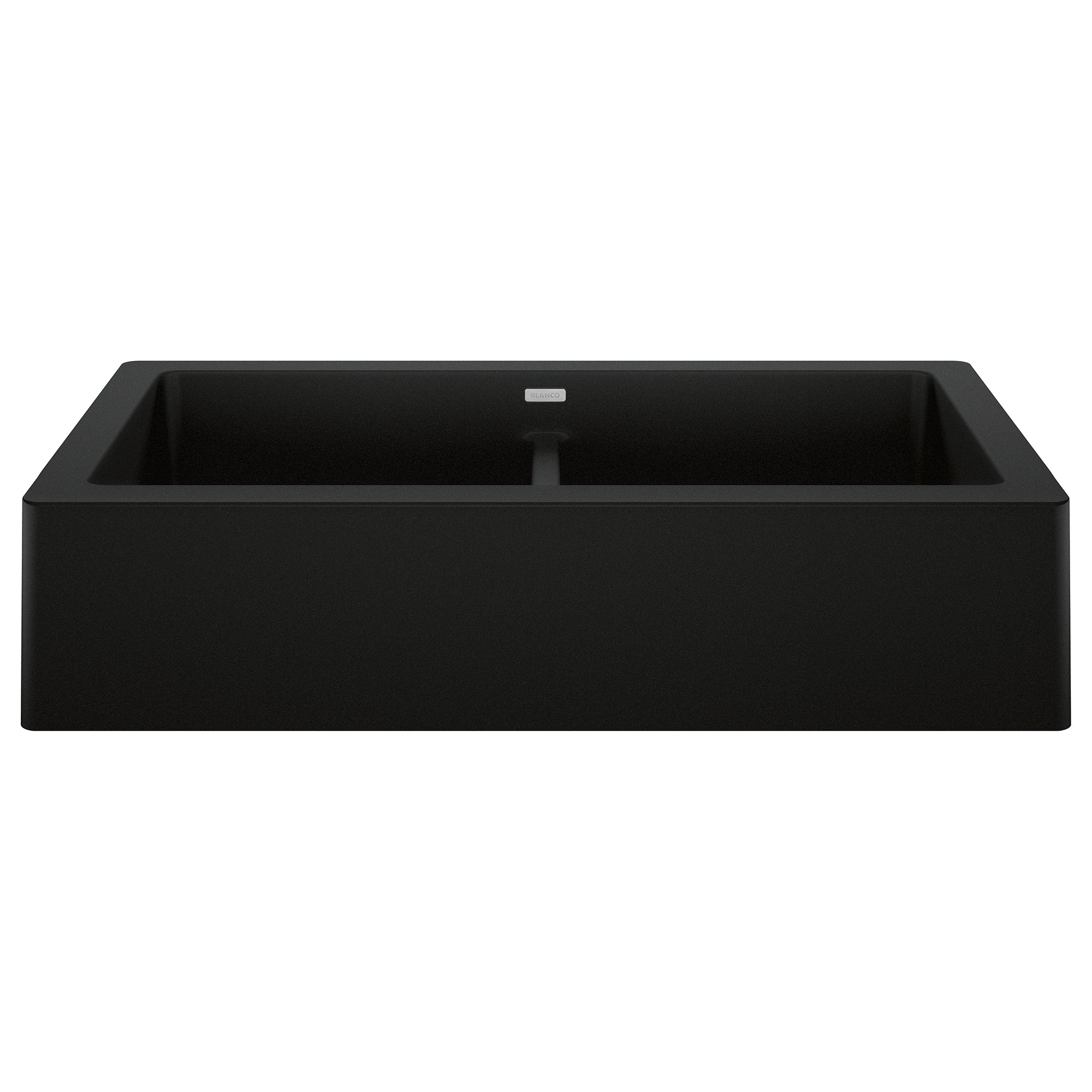 Coal black double bowl farmhouse sink with equal-sized compartments and apron front.
