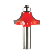 Red and silver router bit with rounded beading profile and metal shank for woodworking.