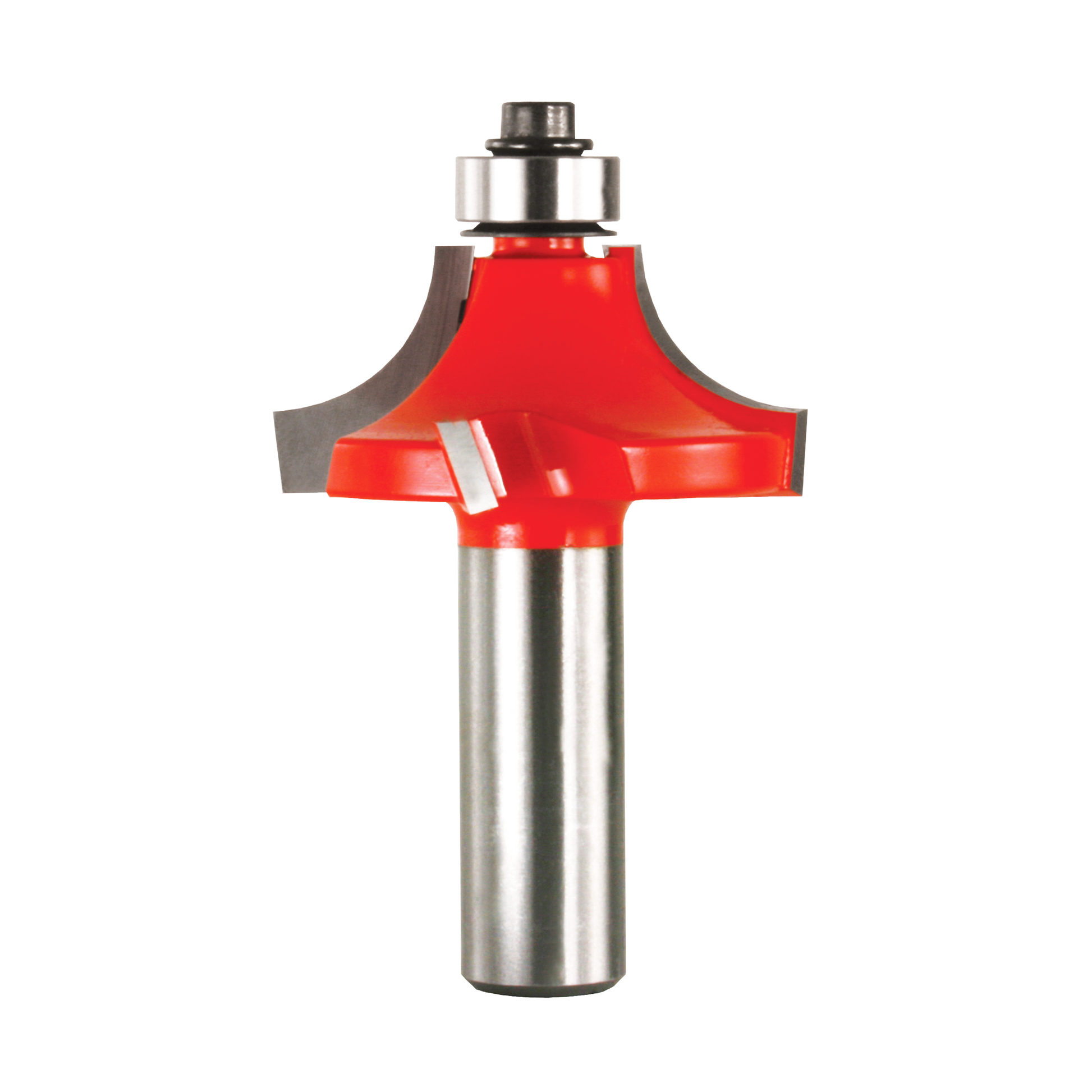 Red and silver router bit with rounded beading profile and metal shank for woodworking.