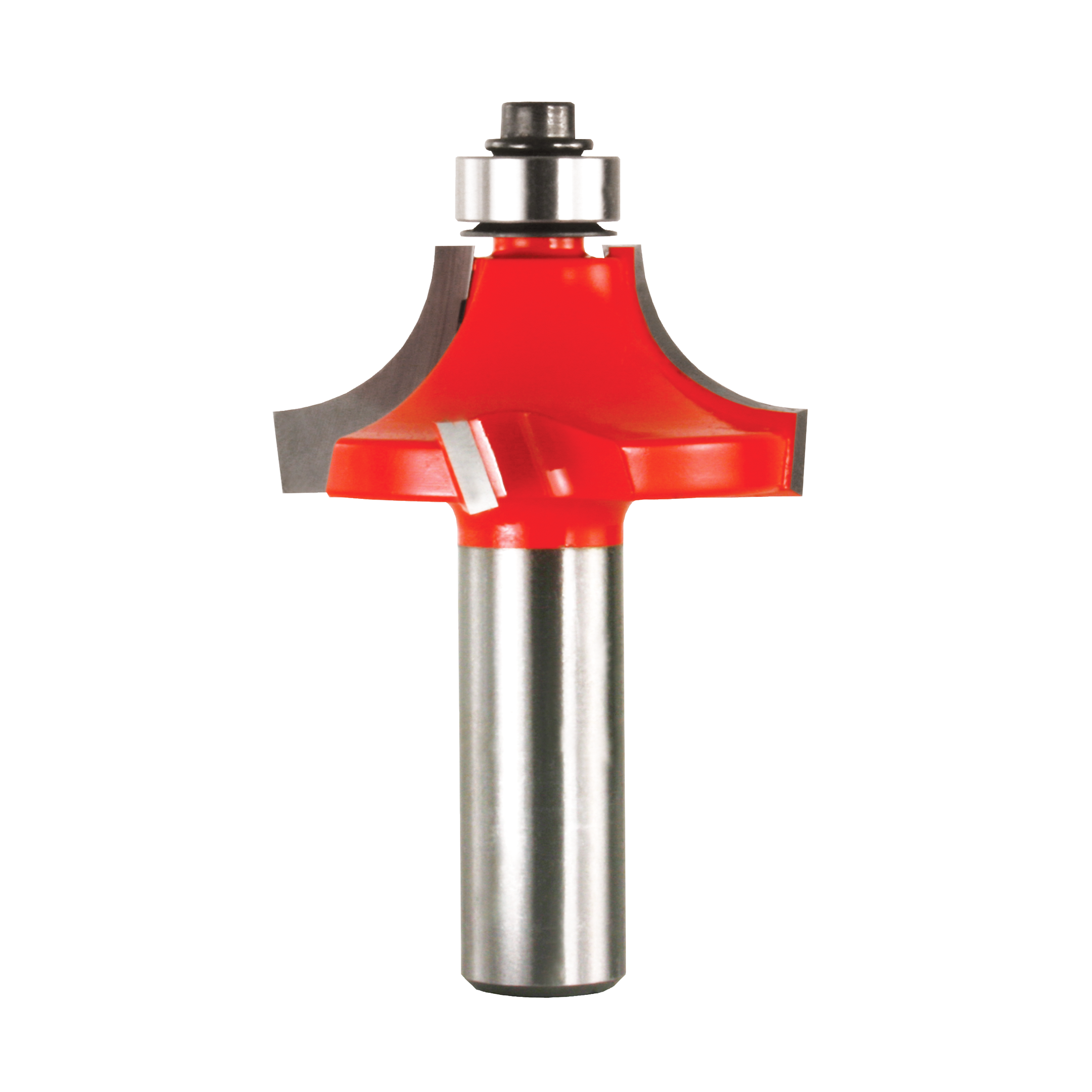 Red and silver router bit with rounded beading profile and metal shank for woodworking.