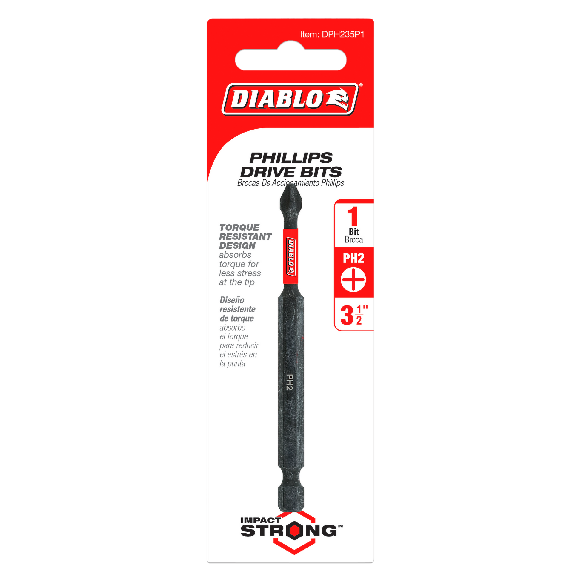 Black Phillips #2 drive bit with red grip collar on retail packaging card.