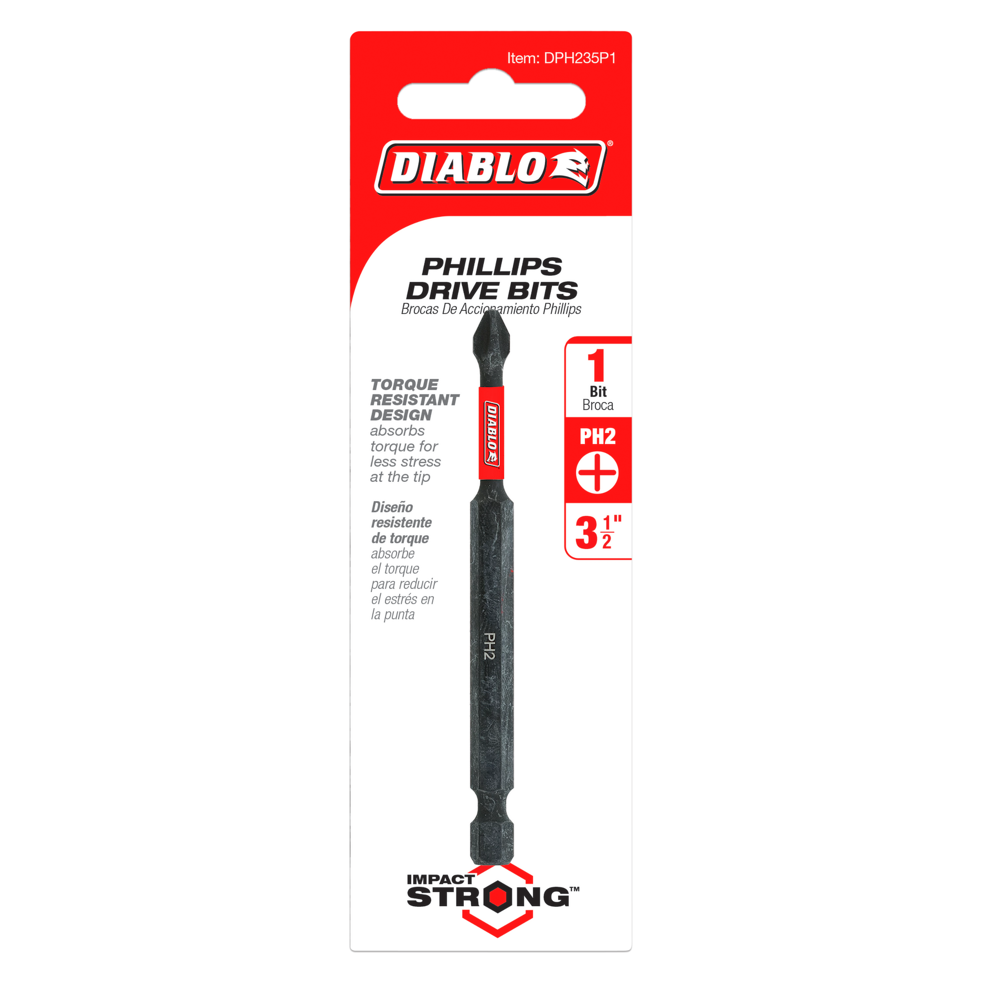 Black Phillips #2 drive bit with red grip collar on retail packaging card.