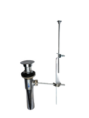 Chrome plated pop-up drain assembly with lift rod, stopper cap, and connecting hardware for bathroom lavatory sink.