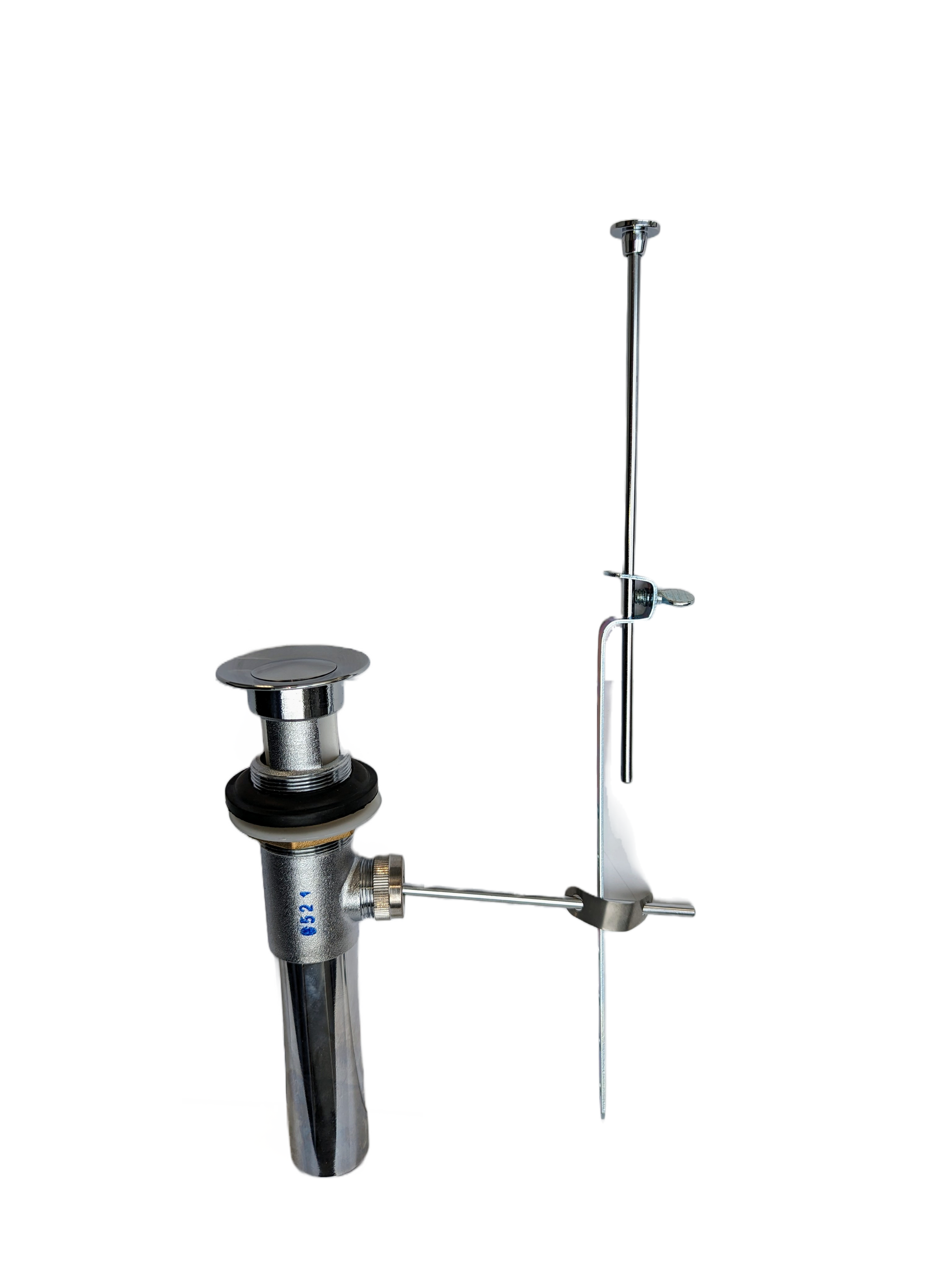 Chrome plated pop-up drain assembly with lift rod, stopper cap, and connecting hardware for bathroom lavatory sink.