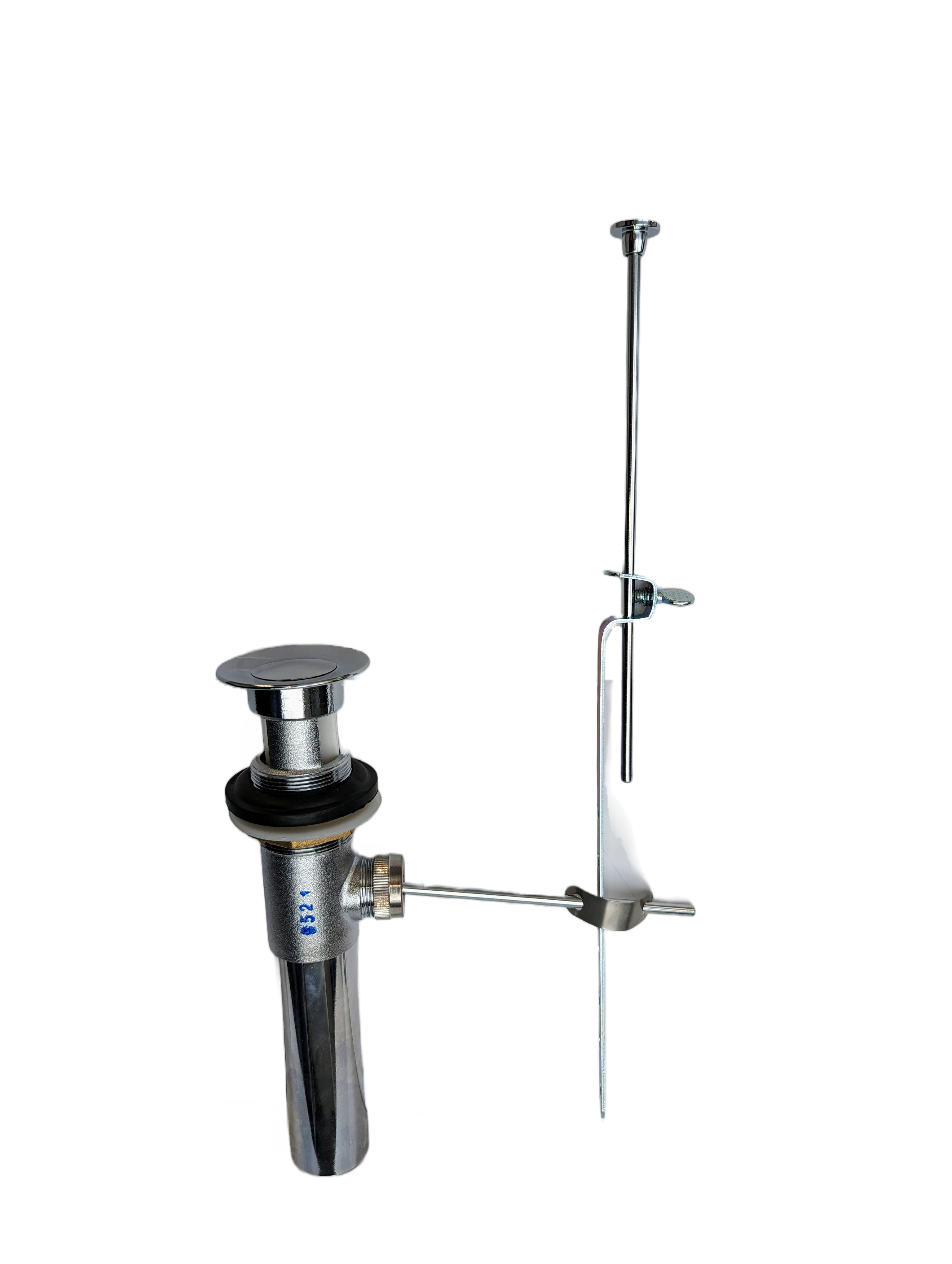 Chrome plated pop-up drain assembly with lift rod, stopper cap, and connecting hardware for bathroom lavatory sink.