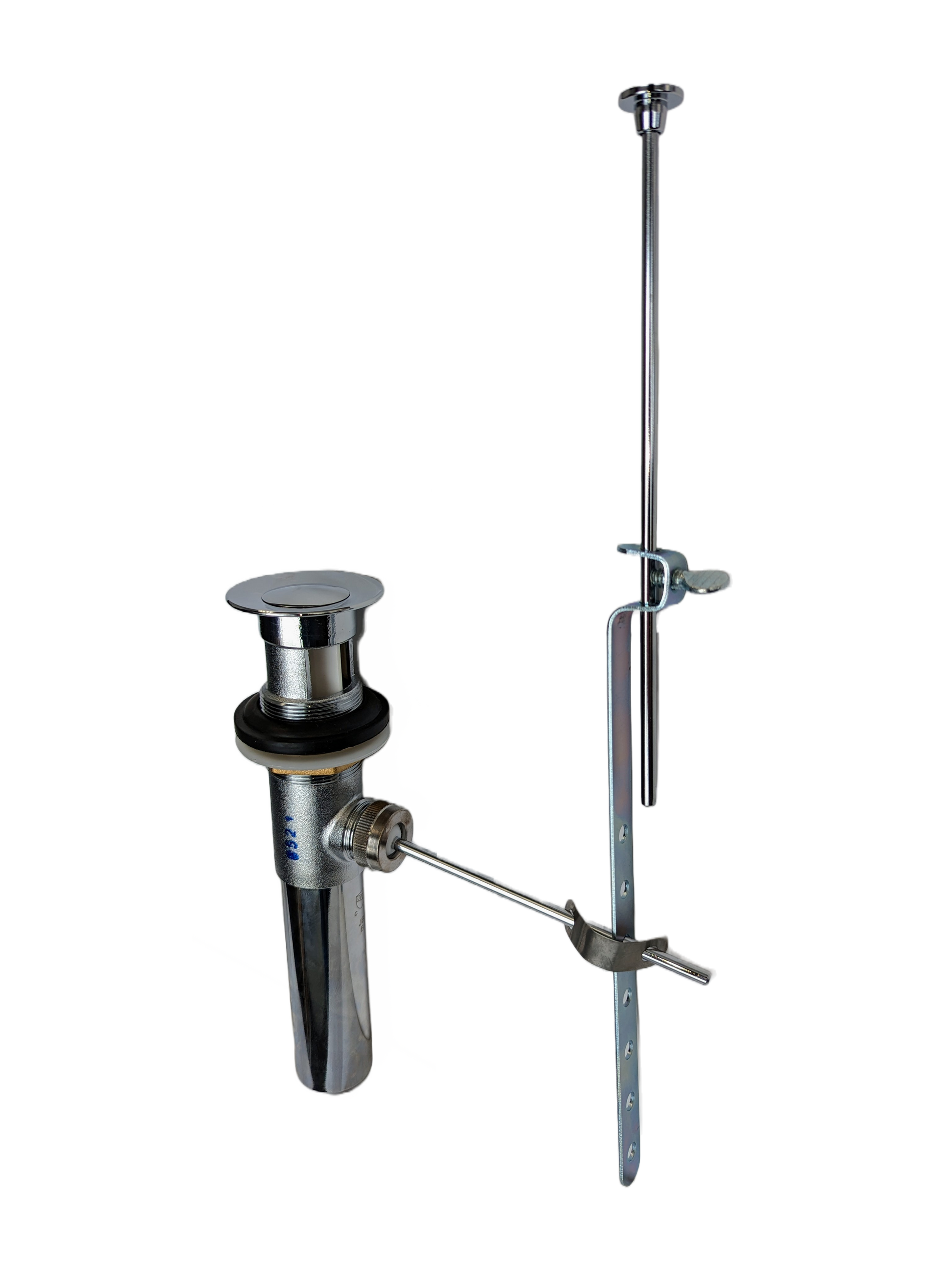 Chrome plated pop-up drain assembly with stopper, rod linkage, and mounting hardware for lavatory sink.