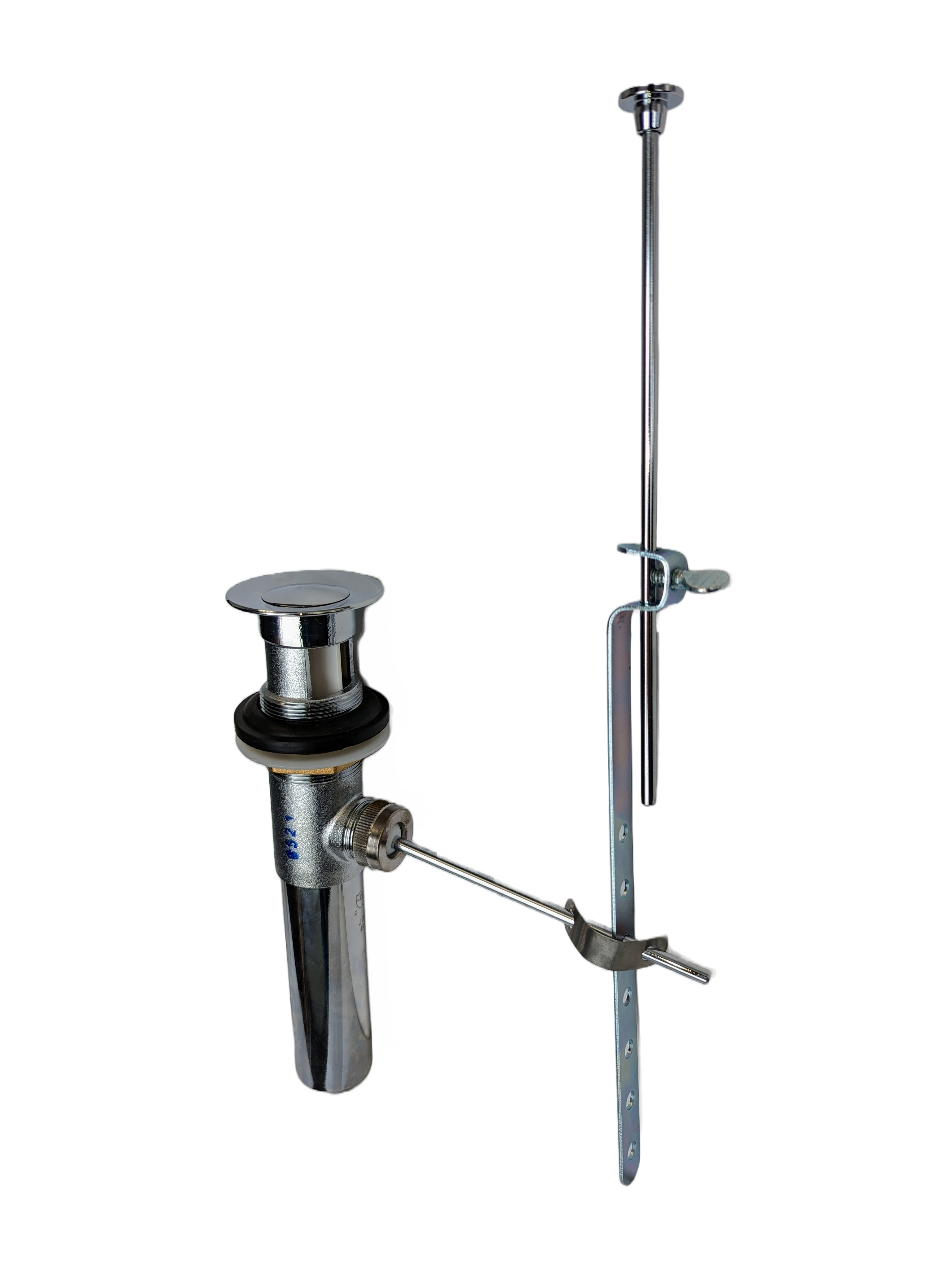 Chrome plated pop-up drain assembly with stopper, rod linkage, and mounting hardware for lavatory sink.