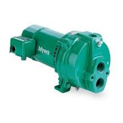 Green cast iron deep well jet pump with motor housing and dual outlet ports.