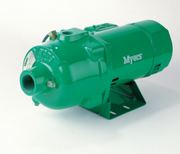 Green Myers shallow well jet pump with 1/2 HP motor mounted on black base.