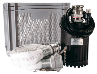 Emergency flood pump kit with black motor, clear reservoir tank, white hoses, and metal fittings.