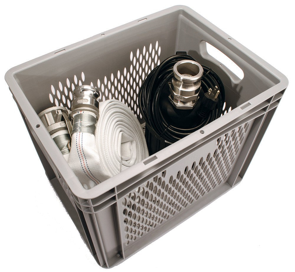Gray plastic crate containing white hose, black hose, and metal pump fittings and connectors.