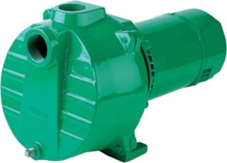 Green centrifugal sprinkler pump with side intake port and motor attachment on right end.
