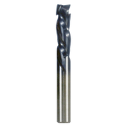Black and gray three-flute mortise compression bit with rounded cutting head and cylindrical shank.