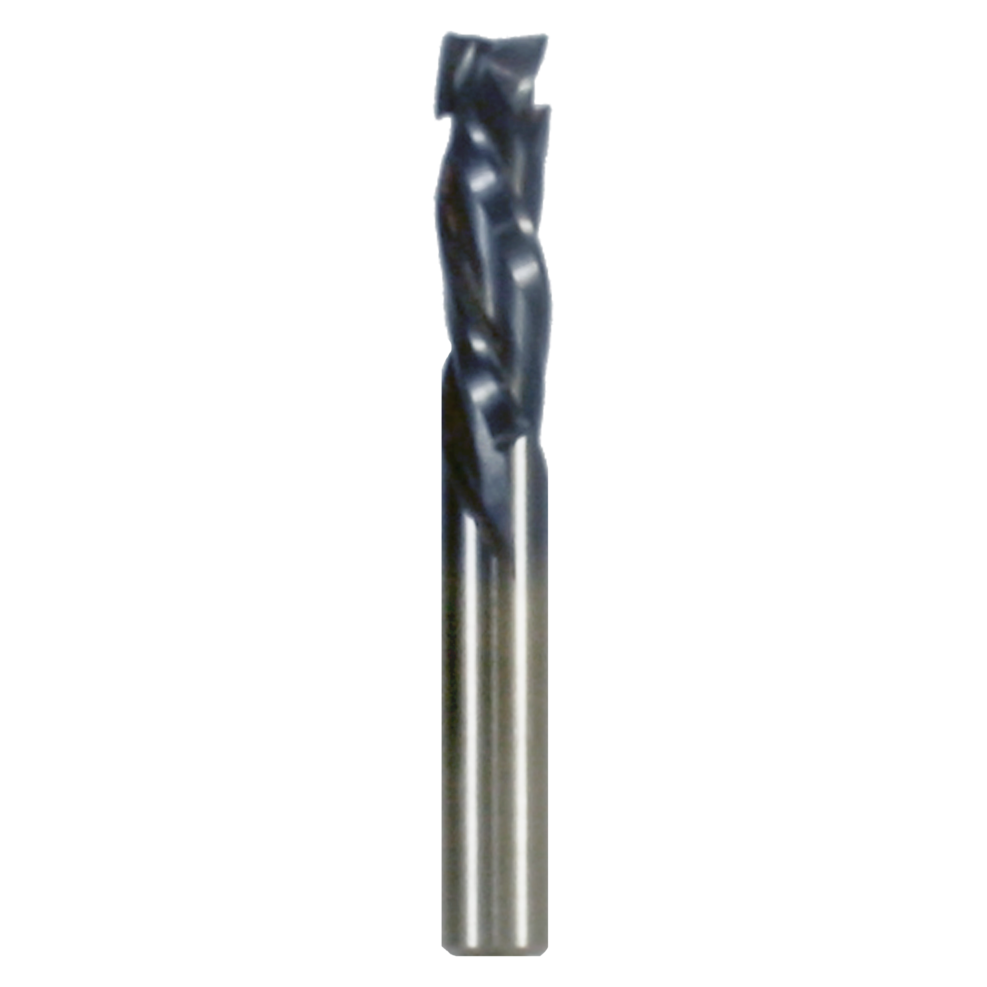 Black and gray three-flute mortise compression bit with rounded cutting head and cylindrical shank.