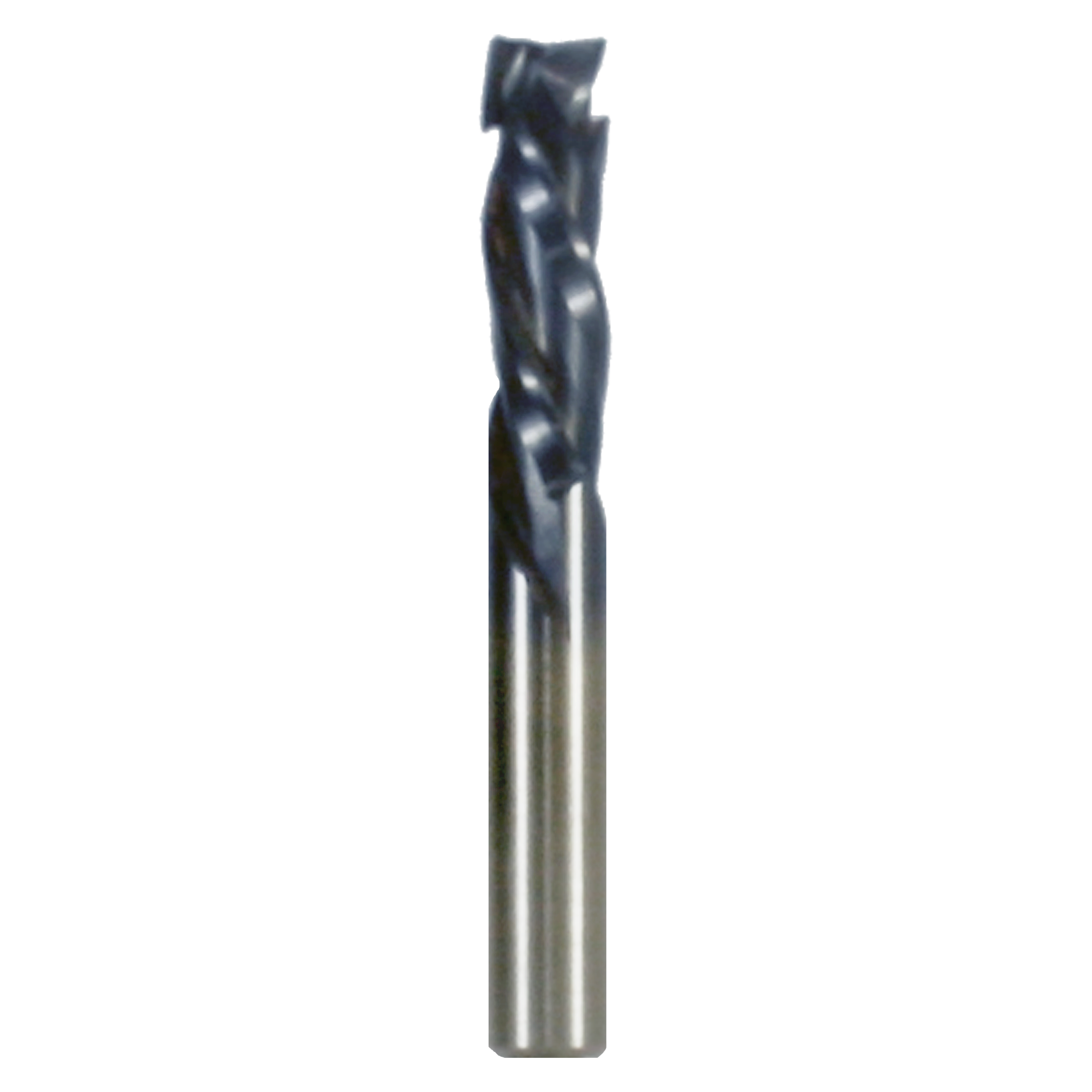 Black and gray three-flute mortise compression bit with rounded cutting head and cylindrical shank.
