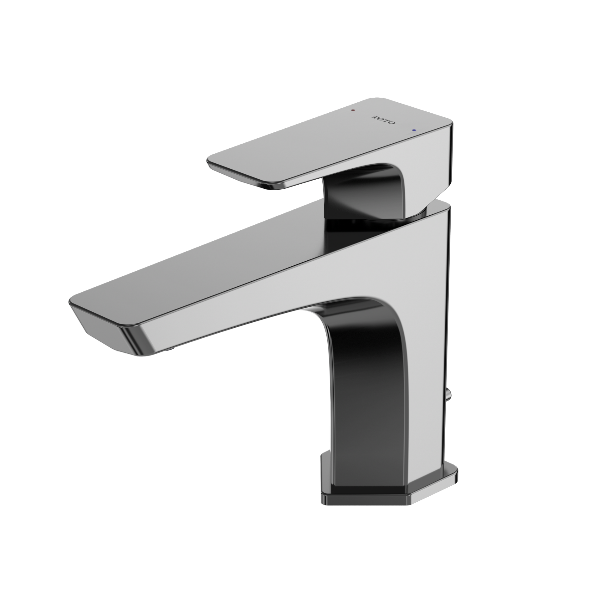 Polished chrome single-handle bathroom sink faucet with rectangular spout and black accent details on white background.