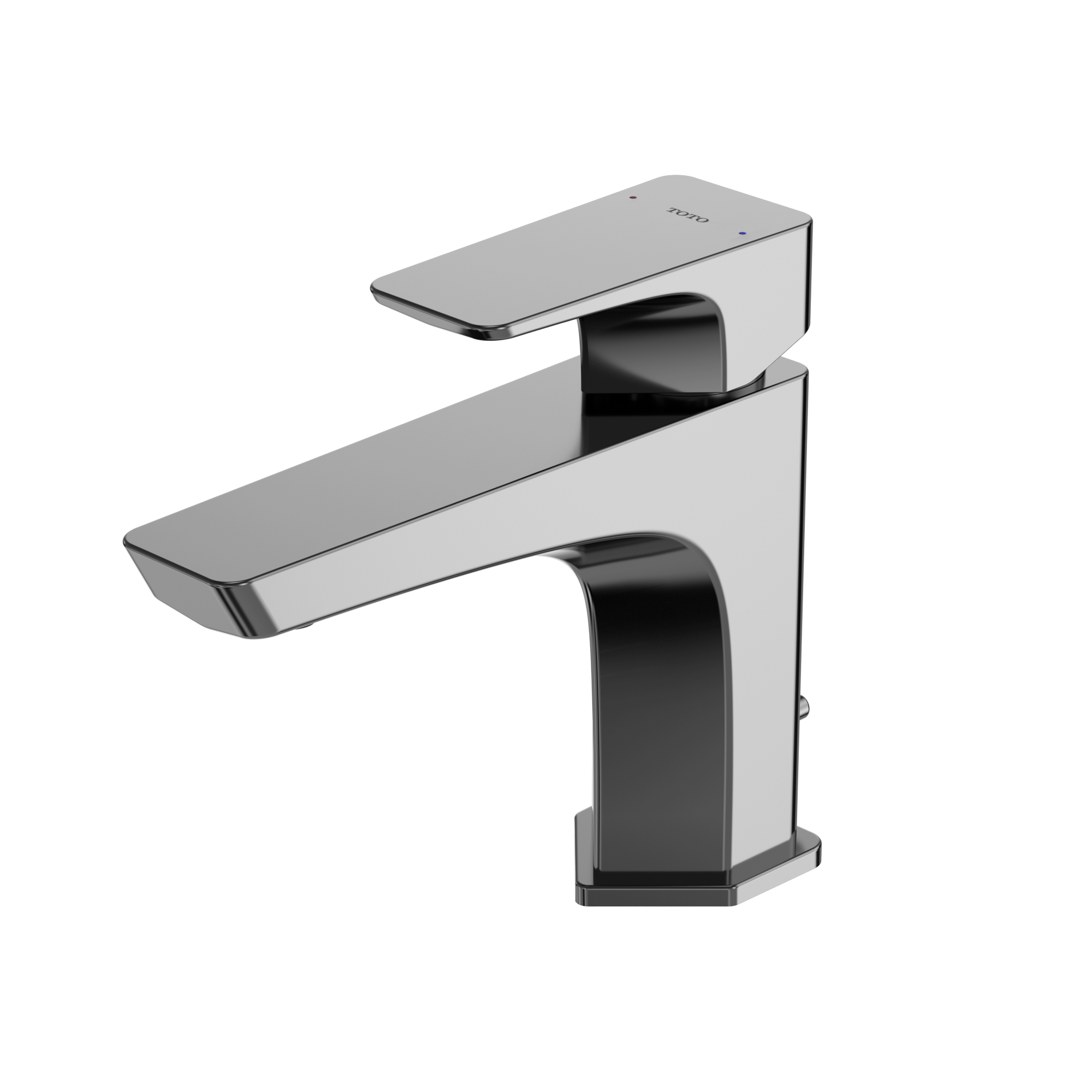 Polished chrome single-handle bathroom sink faucet with rectangular spout and black accent details on white background.