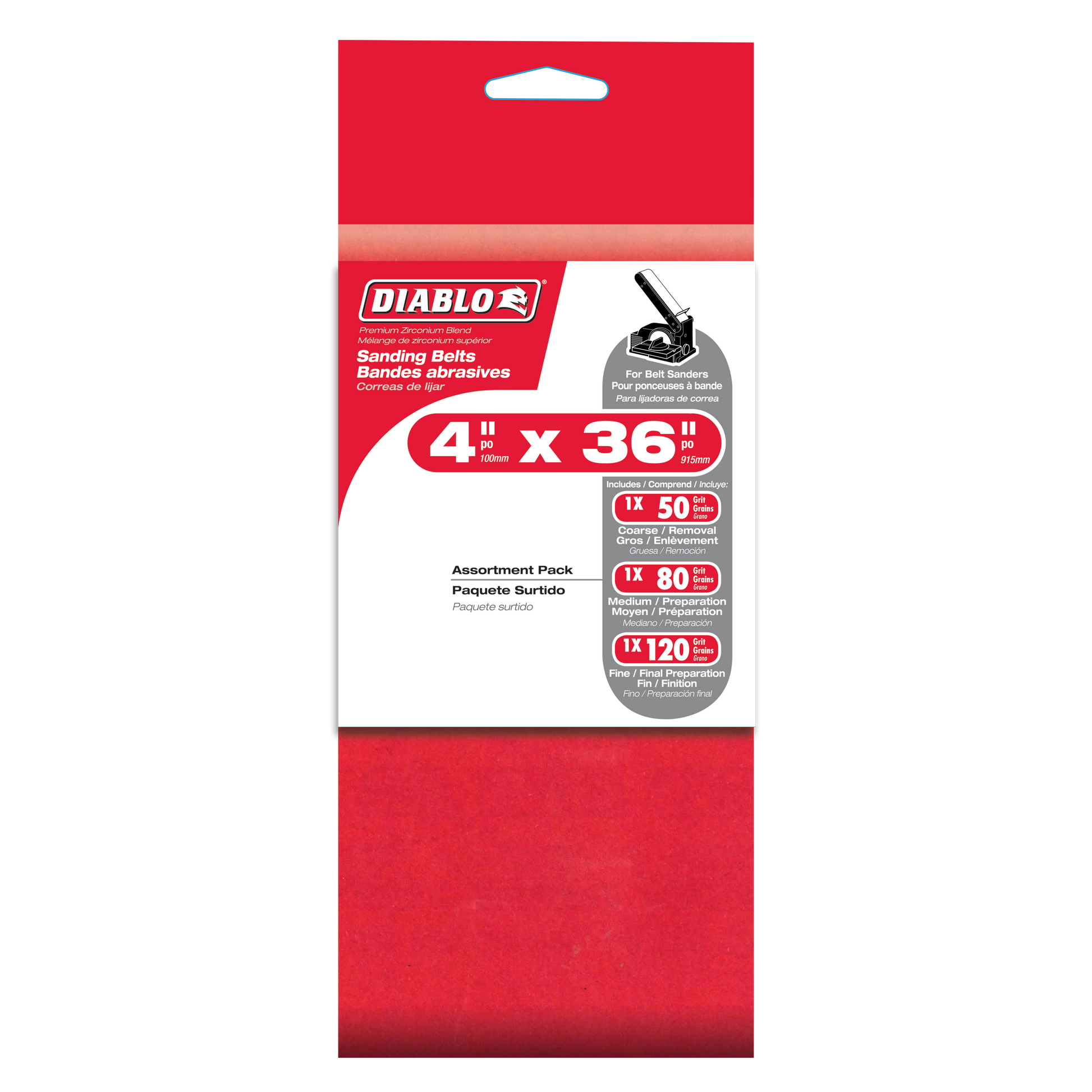 Three Diablo sanding belts in 4" x 36" with assorted grit levels displayed on red packaging.
