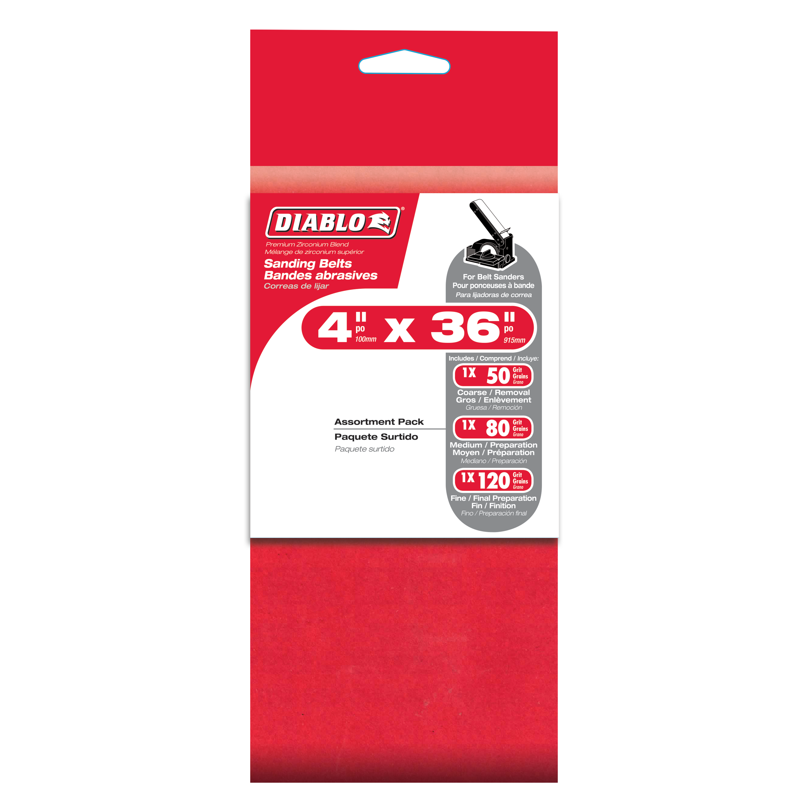 Three Diablo sanding belts in 4" x 36" with assorted grit levels displayed on red packaging.