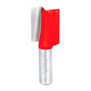 Silver router bit with red cutting head and two flutes for straight routing.