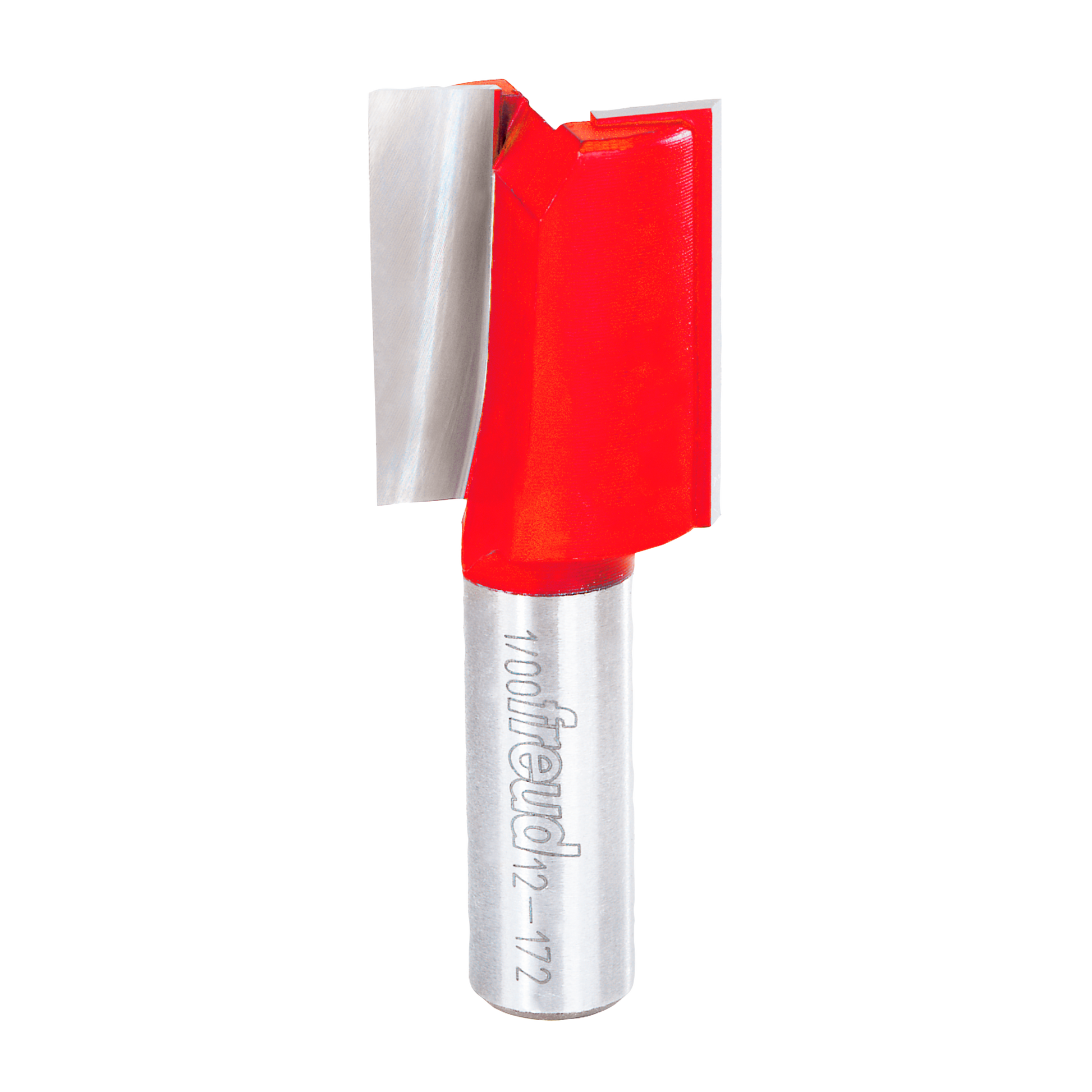 Silver router bit with red cutting head and two flutes for straight routing.