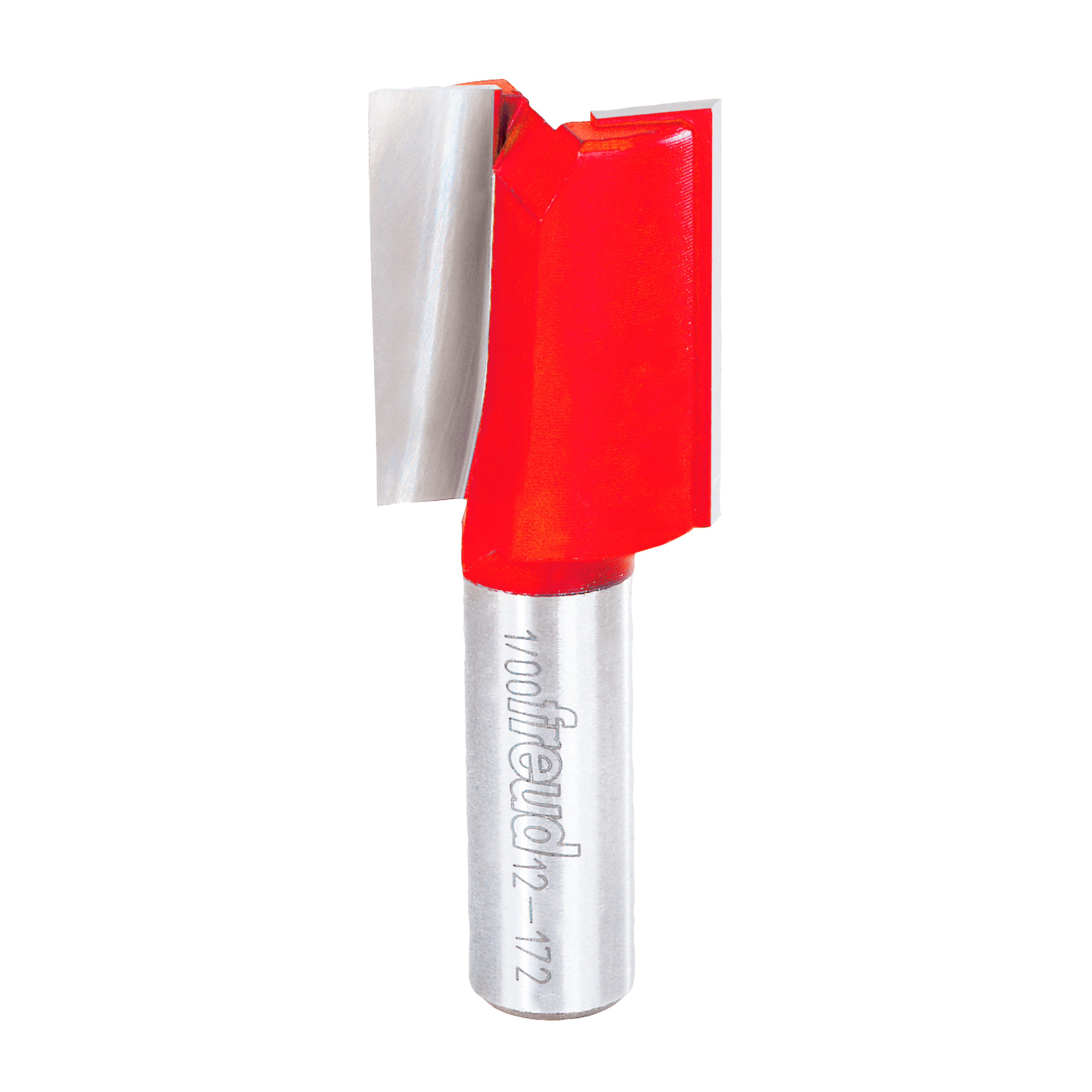 Silver router bit with red cutting head and two flutes for straight routing.