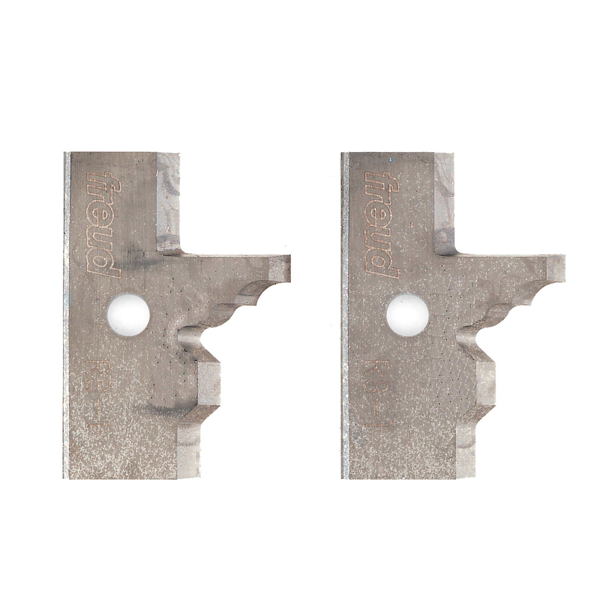 Two Freud metal profile knives with matching curved cutouts and center holes, shown front and back views.