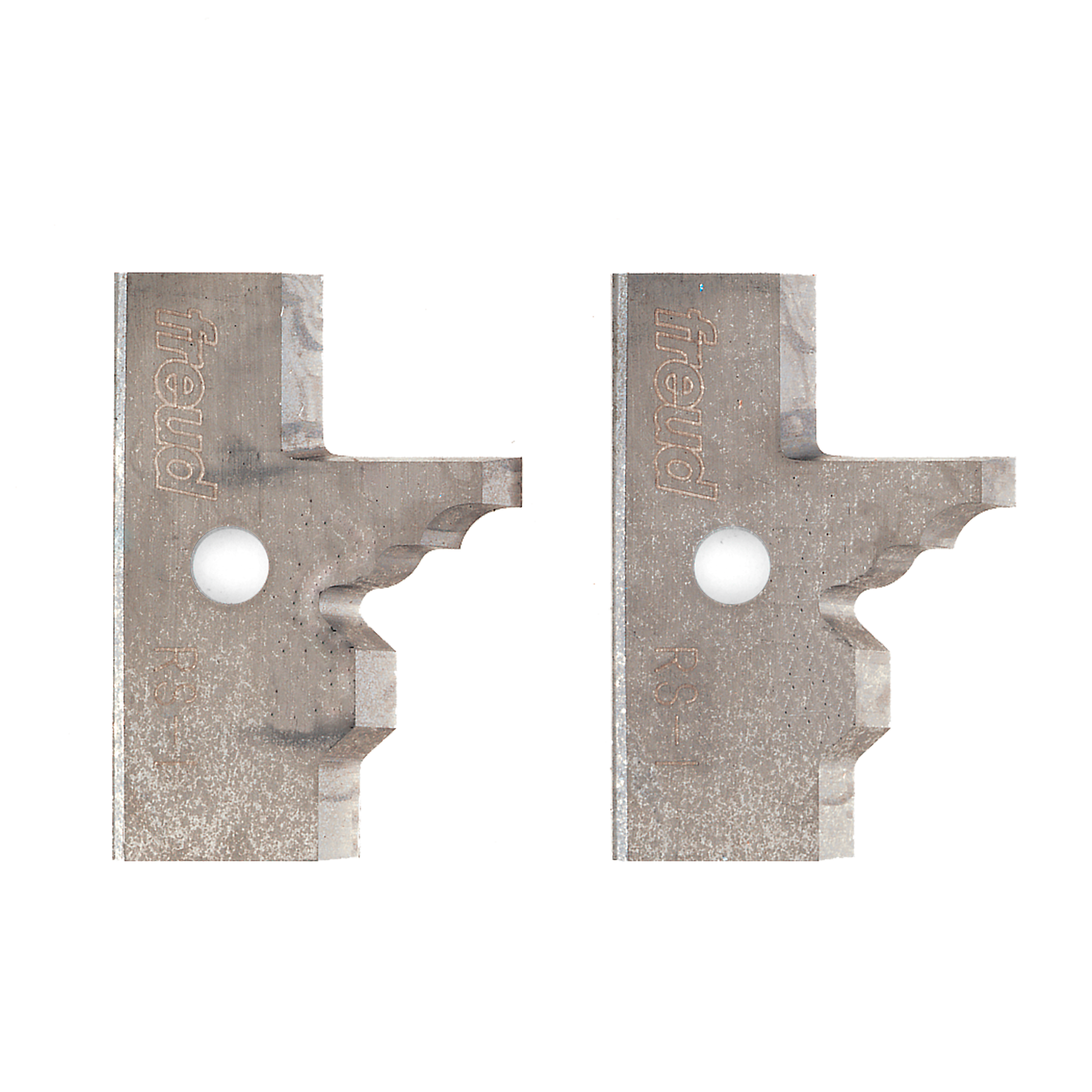 Two Freud metal profile knives with matching curved cutouts and center holes, shown front and back views.