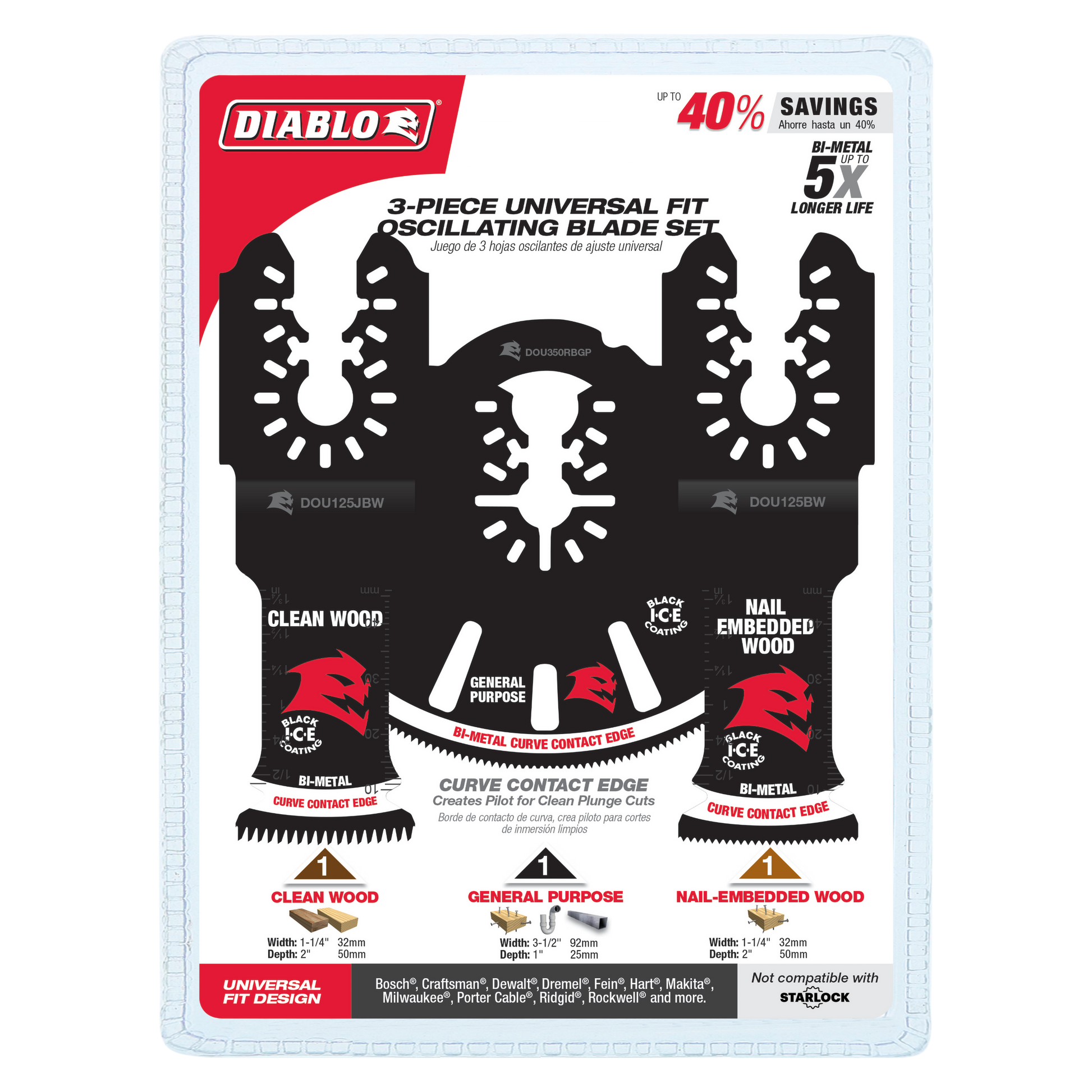 Three black bi-metal oscillating blades with curved contact edges labeled for clean wood, general purpose, and nail-embedded 