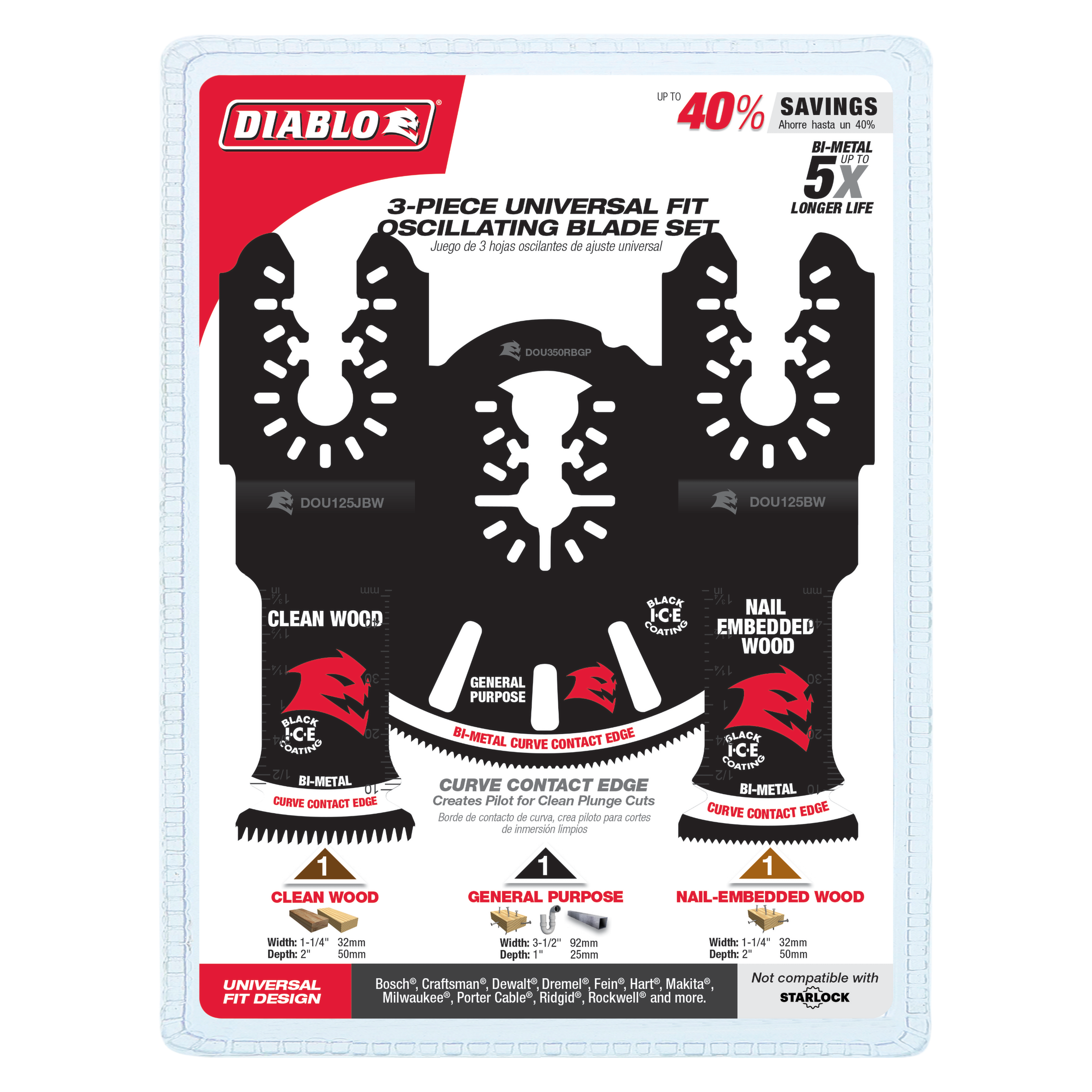 Three black bi-metal oscillating blades with curved contact edges labeled for clean wood, general purpose, and nail-embedded 