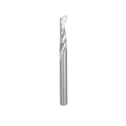 Silver spiral router bit with single flute and pointed tip for woodworking applications.