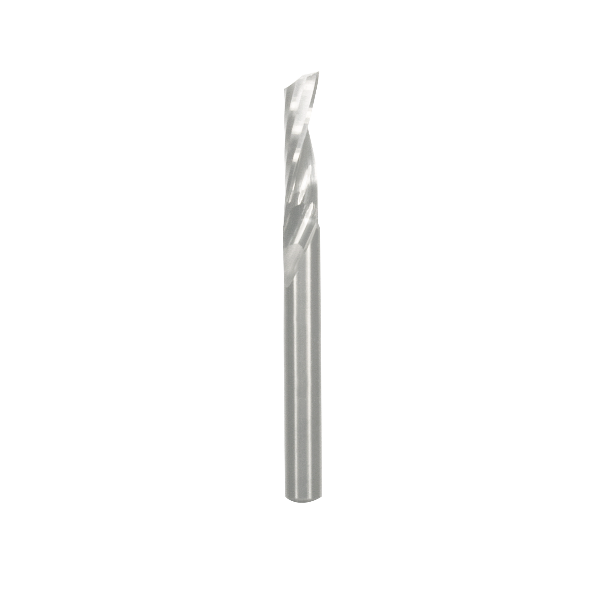Silver spiral router bit with single flute and pointed tip for woodworking applications.