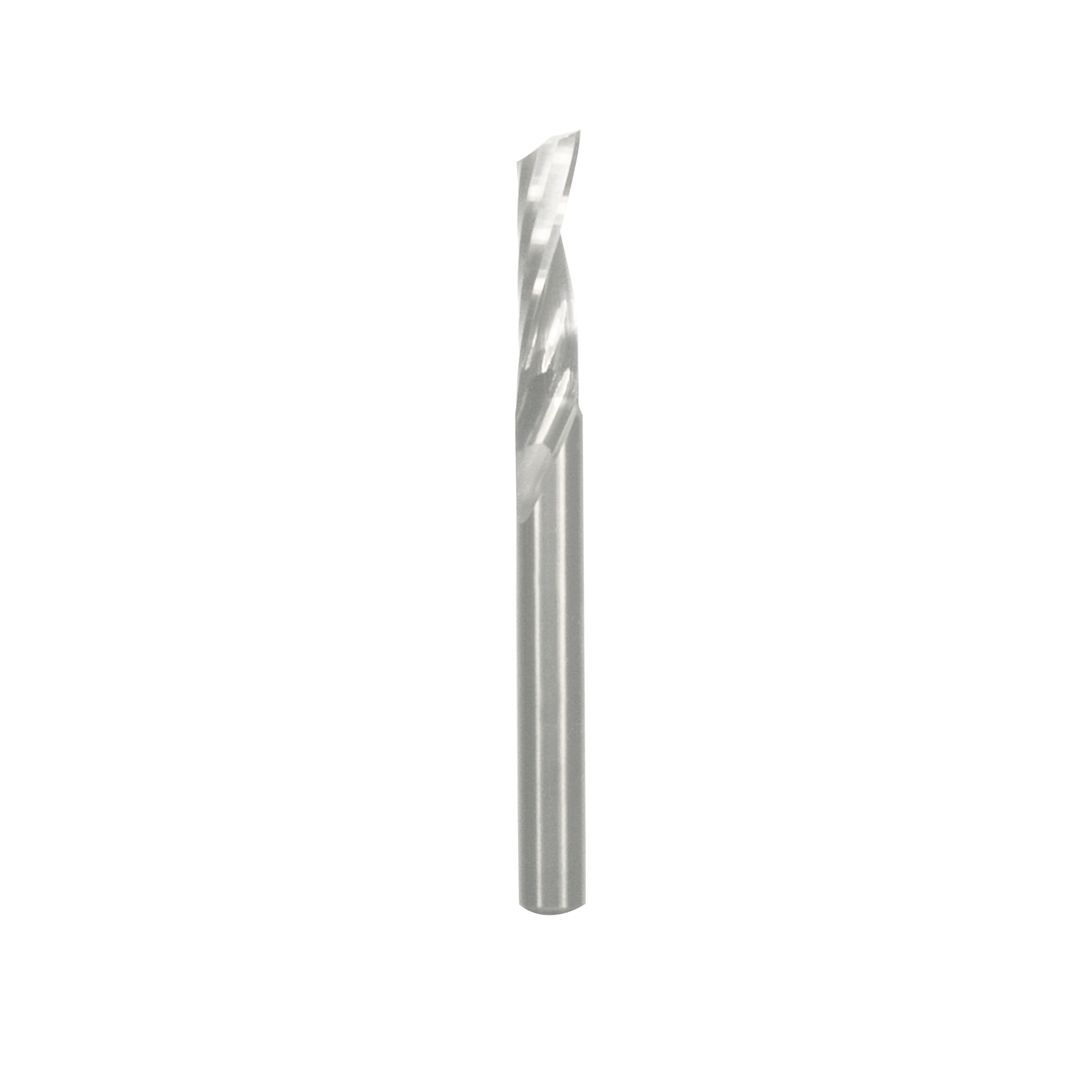Silver spiral router bit with single flute and pointed tip for woodworking applications.