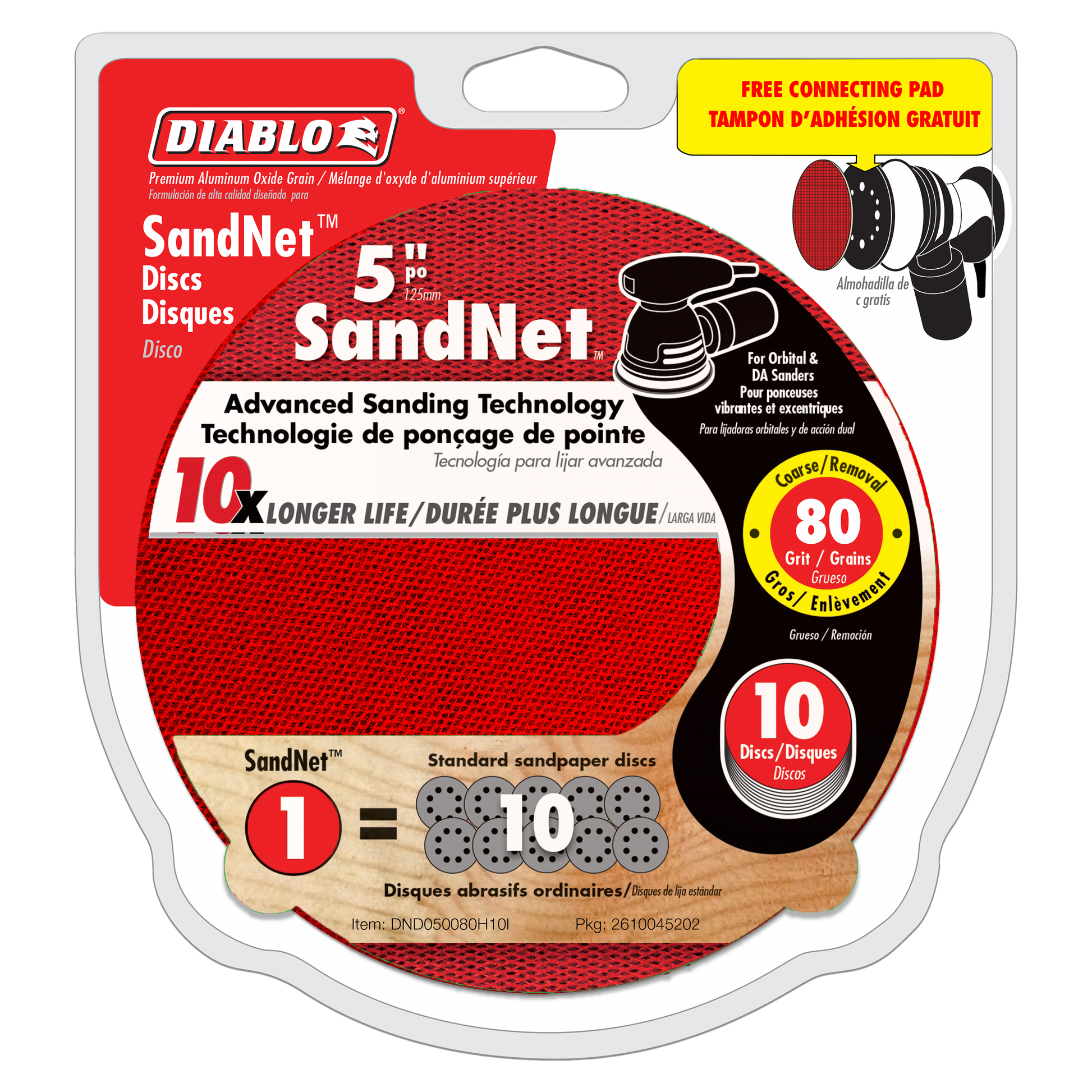 Ten red 5-inch SandNet sanding discs with 80 grit coarseness and included connection pad in packaging.