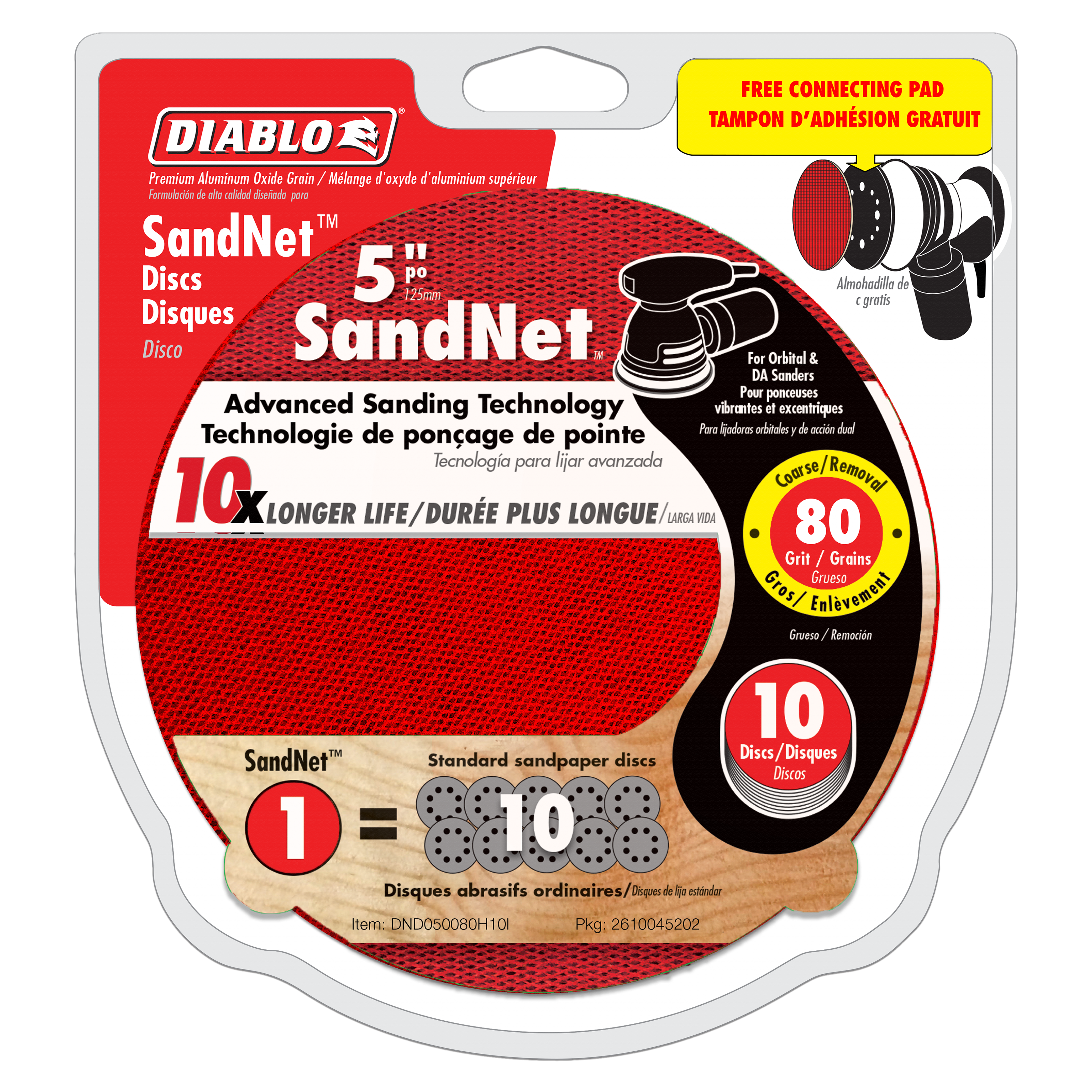 Ten red 5-inch SandNet sanding discs with 80 grit coarseness and included connection pad in packaging.