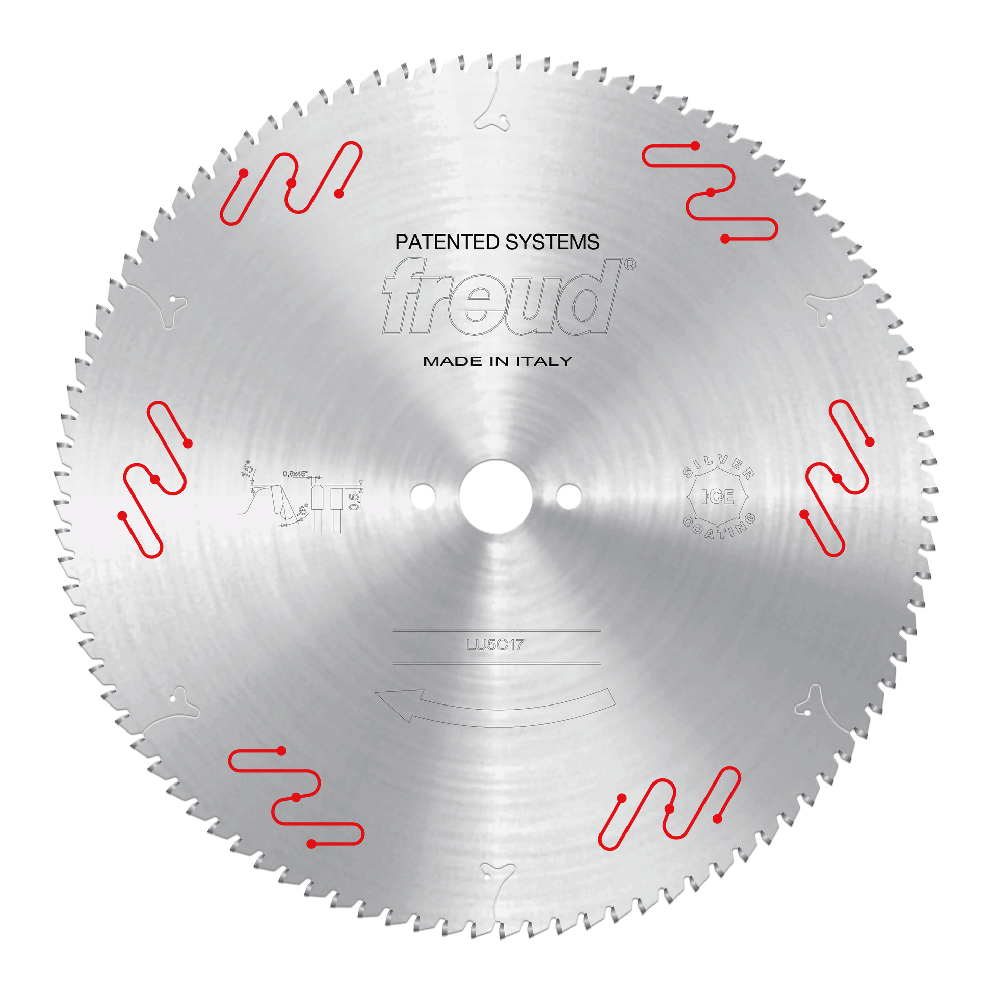 Freud 380mm circular saw blade with fine teeth and red wavy markings around the perimeter, center arbor hole visible.