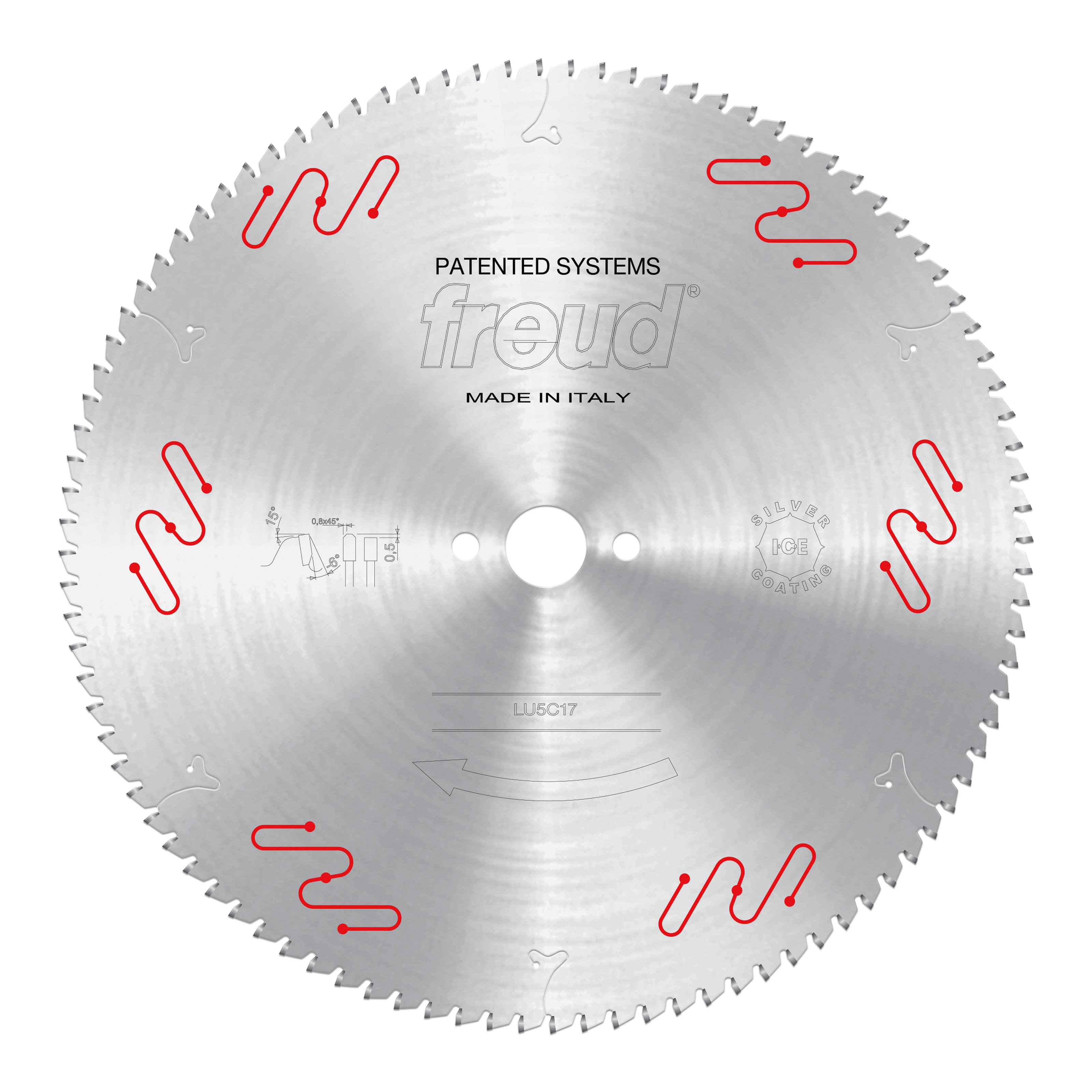 Freud 380mm circular saw blade with fine teeth and red wavy markings around the perimeter, center arbor hole visible.